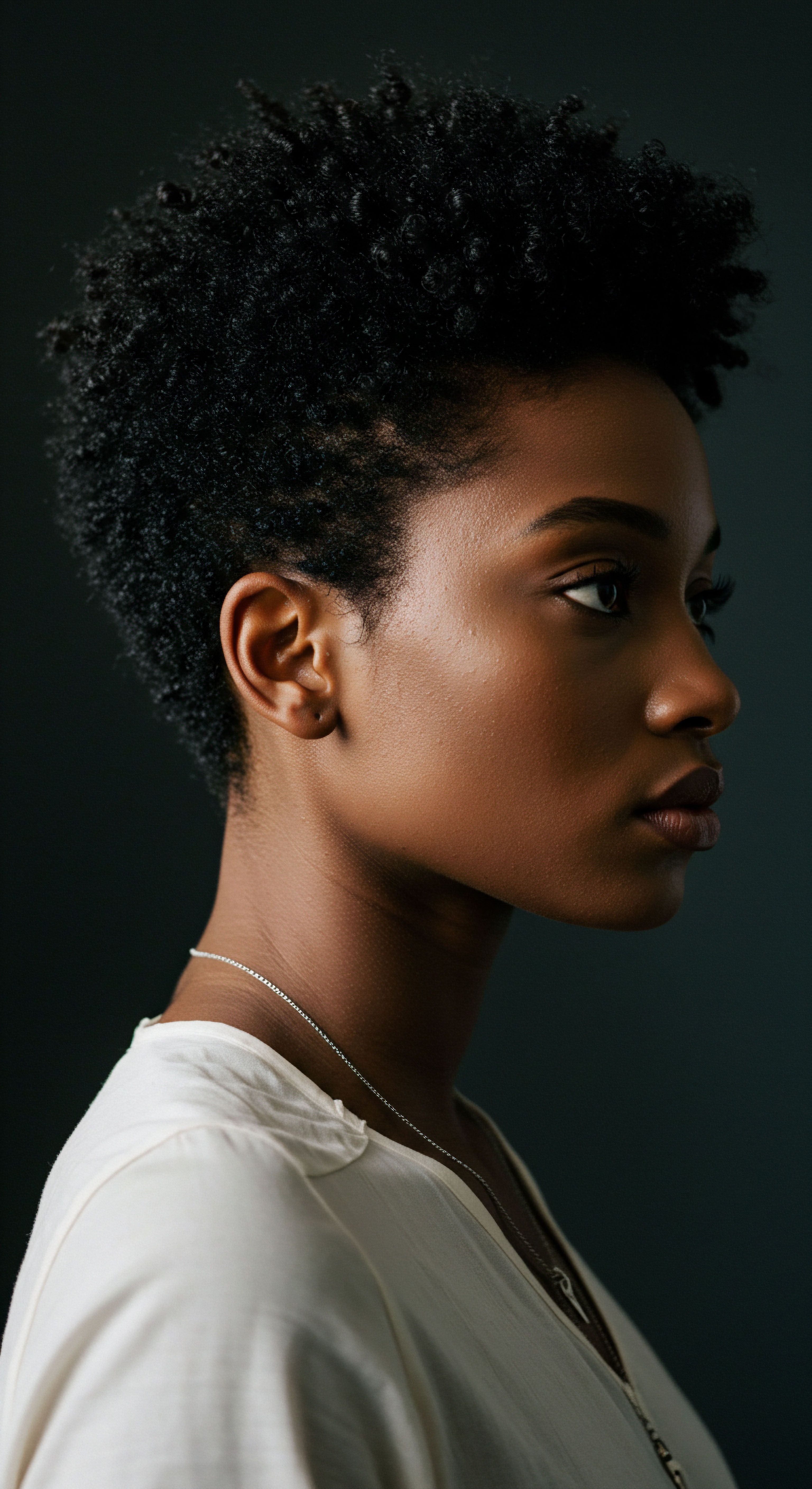 Highlighting Healthy Coily Texture Roothea Natural Heritage Styling Care This luminous profile beautifully celebrates healthy, dense coily texture and radiant melanin-rich skin, embodying natural hair heritage. It powerfully highlights intentional hair care, vital scalp health, and empowered styling, showcasing an optimal natural hair journey through balanced moisture for genuine ancestral beauty.
