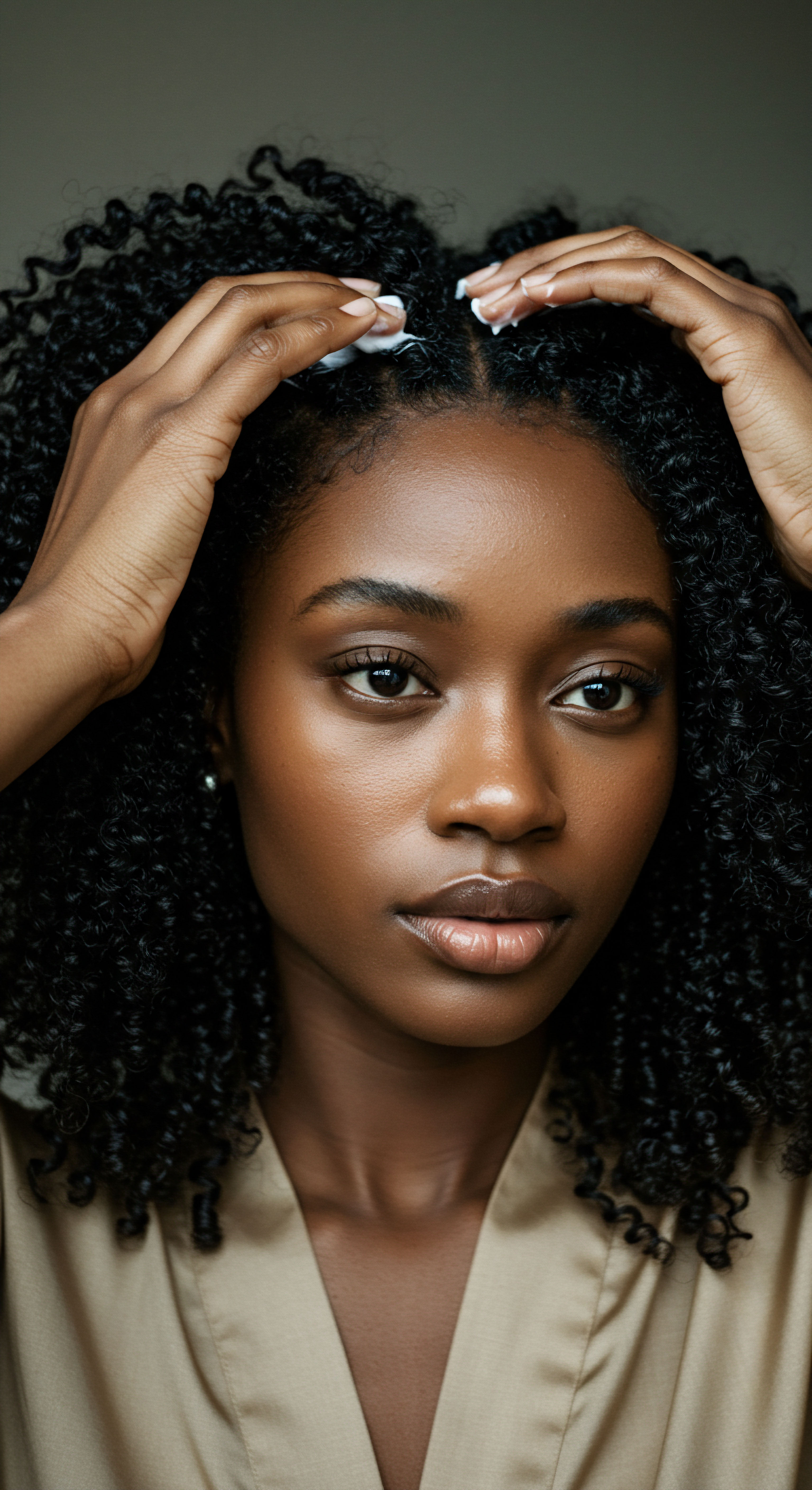 A Black woman meticulously hydrates her distinct coily texture, emphasizing scalp health and moisture retention. This precise application highlights natural hair care for highly textured patterns, honoring ancestral heritage and essential routine steps.