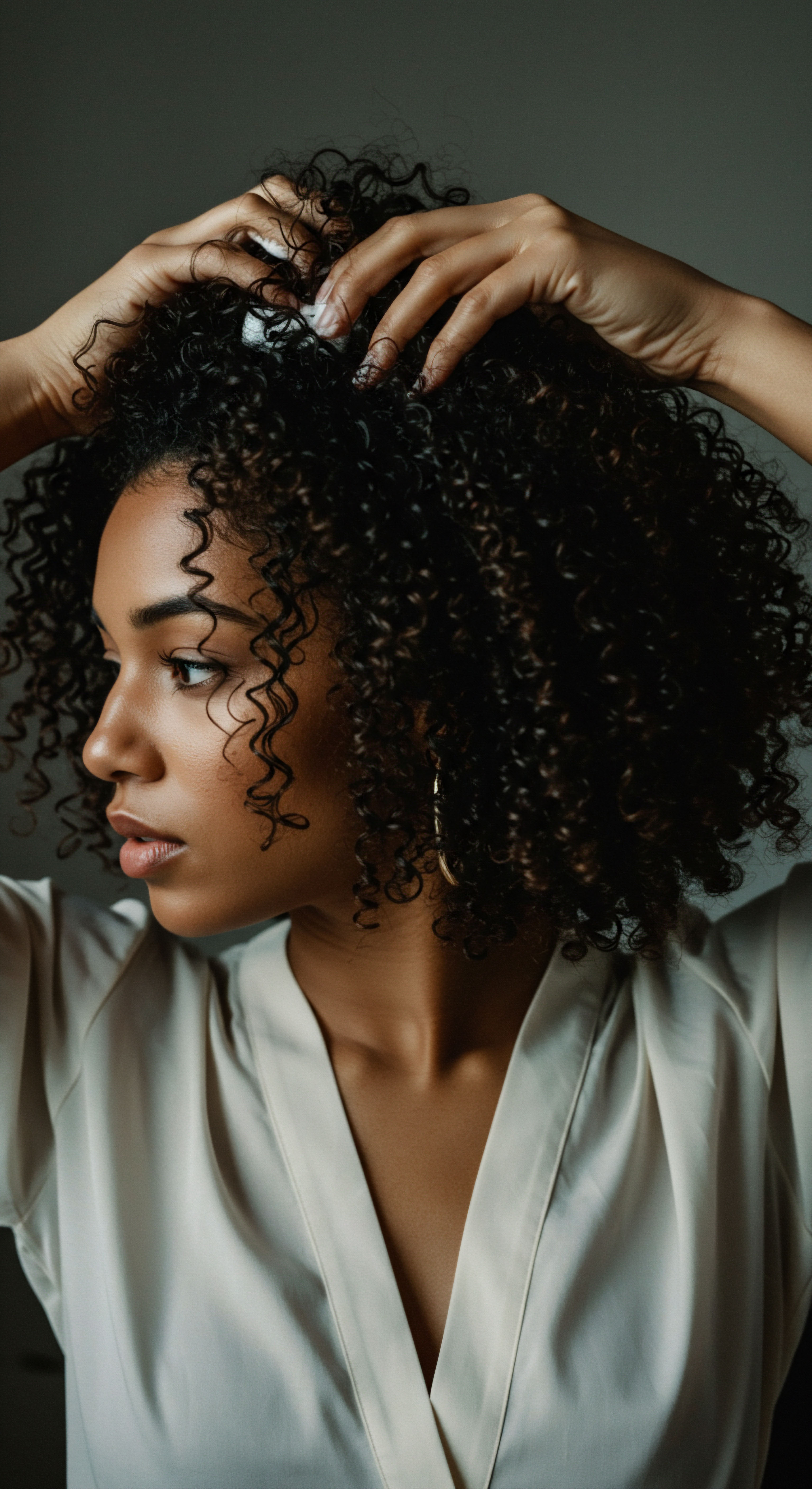 Honoring Textured Hair Ritual for Optimal Pattern and Shine Maintenance Through meticulous hands-on care, this woman honors her deep heritage, defining radiant patterns within her voluminous black textured hair. Her devotion to moisture retention and scalp health showcases the empowering journey of Mixed-Race Hair styling, cultivating stunning, resilient coils.