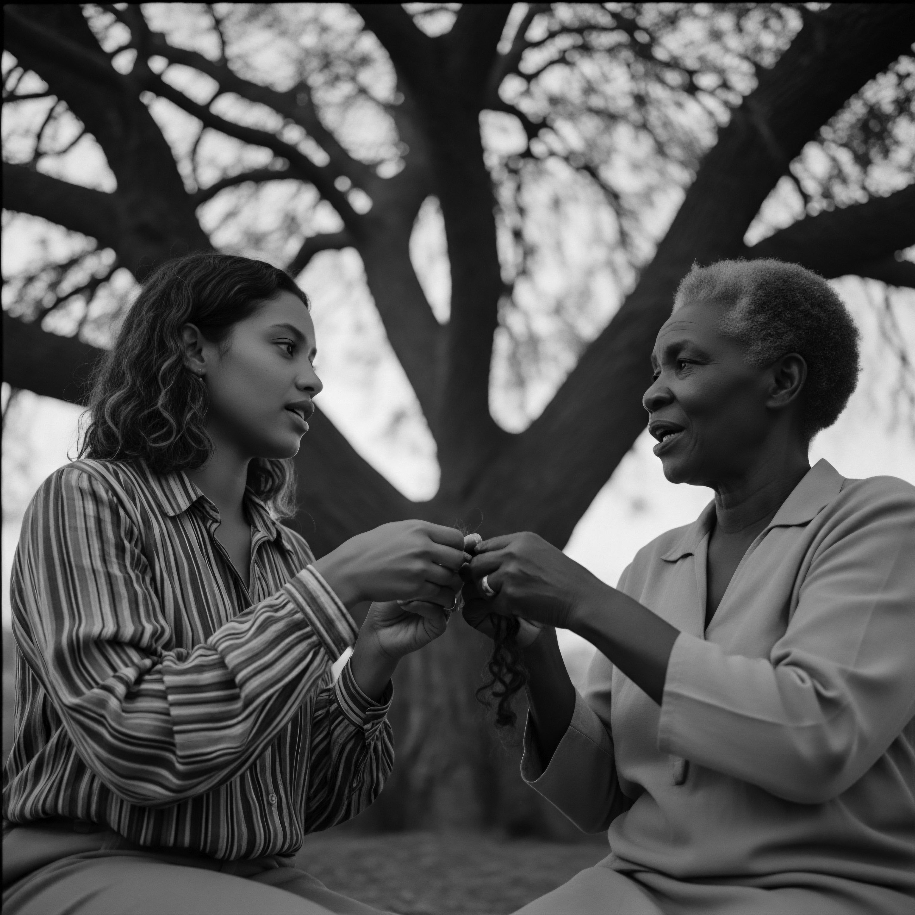 Intergenerational Bonding Textured Hair Care Rituals Showcasing Black Heritage The black and white image evokes a profound connection with natural textured hair heritage, as the woman guides the other's grooming ritual under the expansive canopy of a tree symbolizing deep roots, ancestral knowledge, and a legacy of cultural hair care and maintenance.
