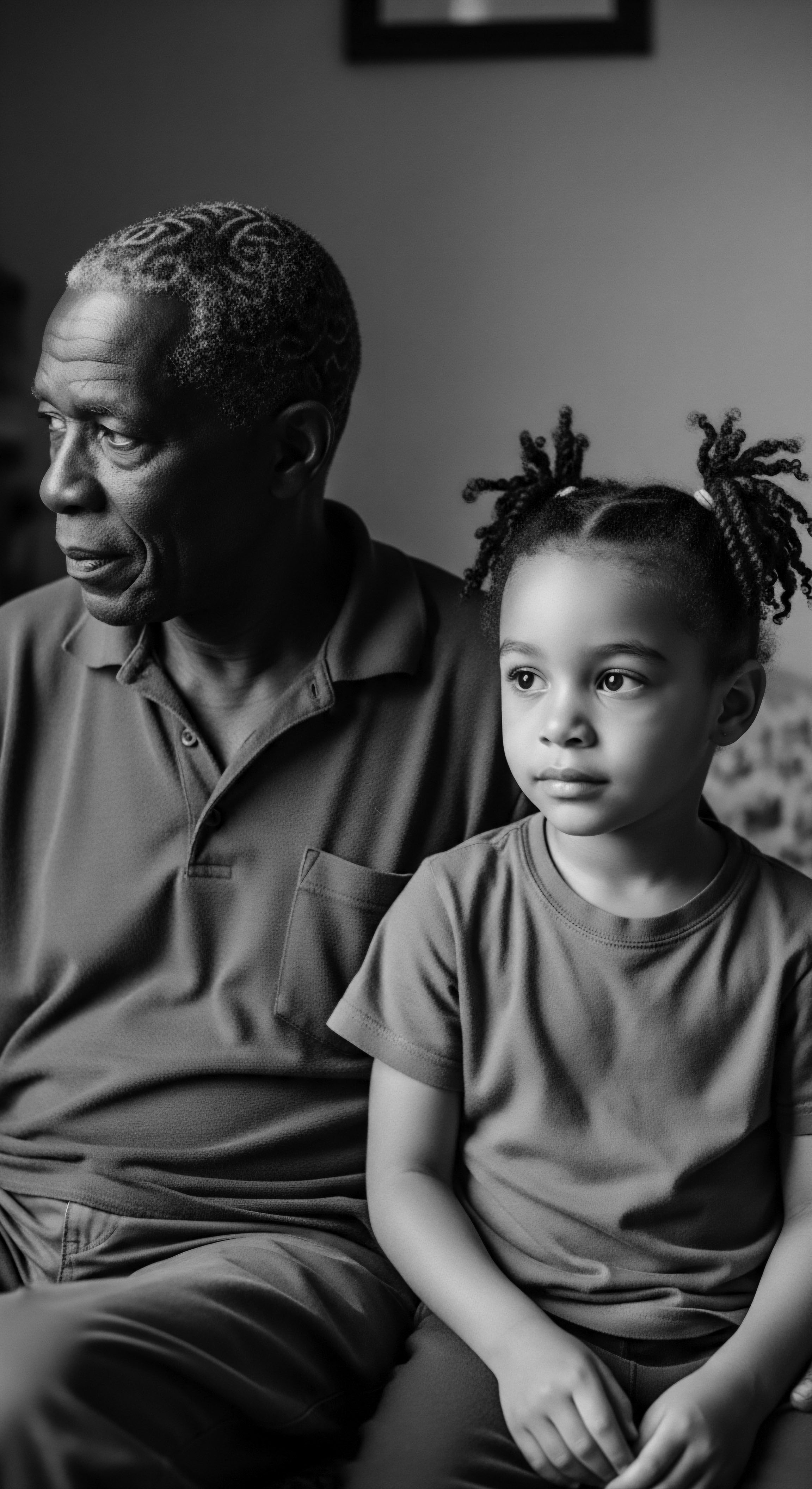 Intergenerational Kinship Black Grandfather and Biracial Granddaughter with Coiled Hair Textures Within a monochrome frame, the textured details tell a story of intergenerational connection, revealing heritage in protective styling, the bond of love, and the ancestral narrative woven into coiled biracial hair, fostering self-esteem, family heritage, and embracing their unique textured expression.