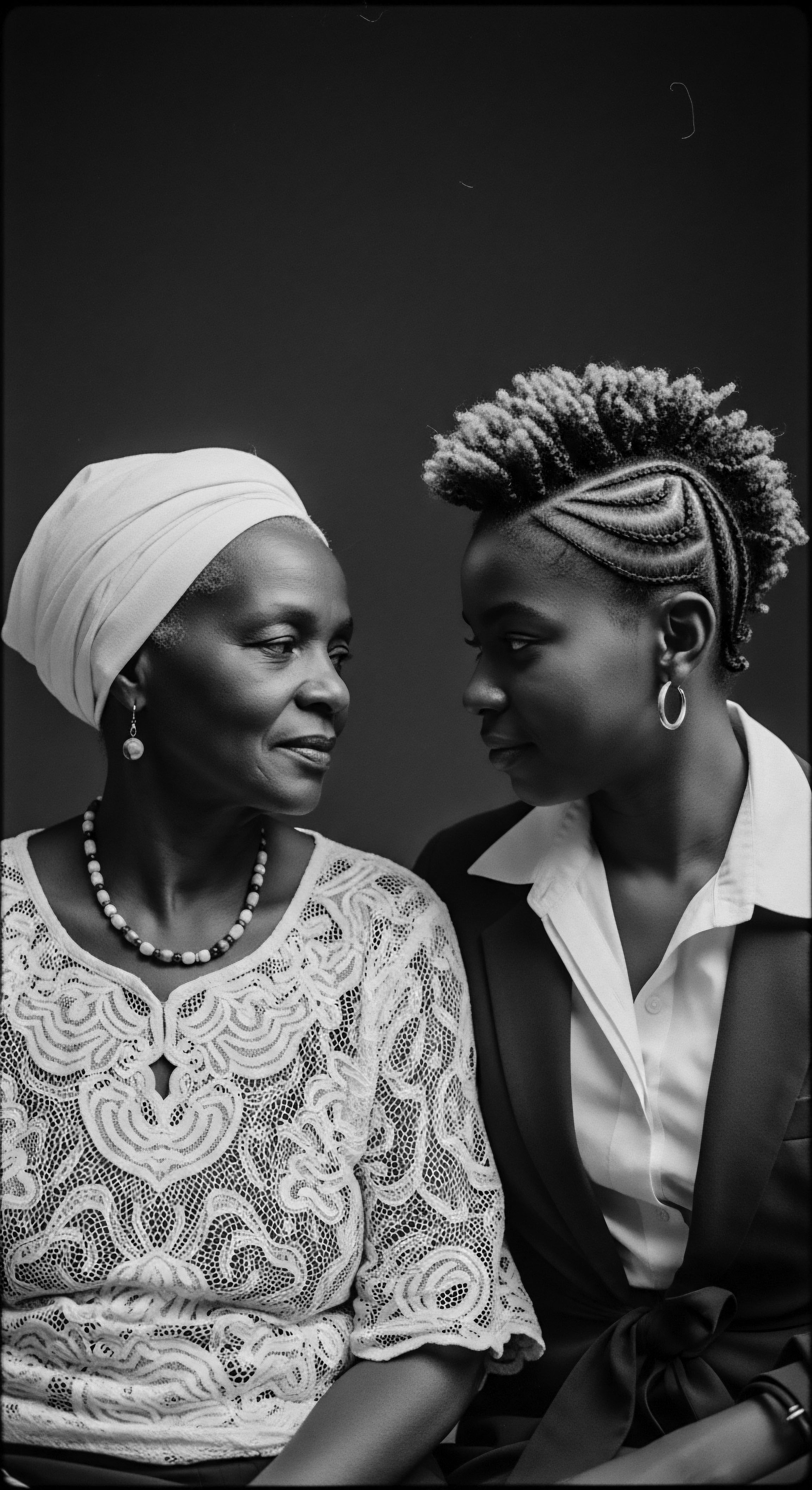 Intergenerational Portraiture of African Descent Women Displaying Textured Hair Heritage This image celebrates the legacy of textured hair through intergenerational African diaspora women, highlighting the enduring connection between cultural identity and ancestral hair styling with intricate braids and a headwrap, illuminating a profound narrative of heritage, beauty, and shared experience.