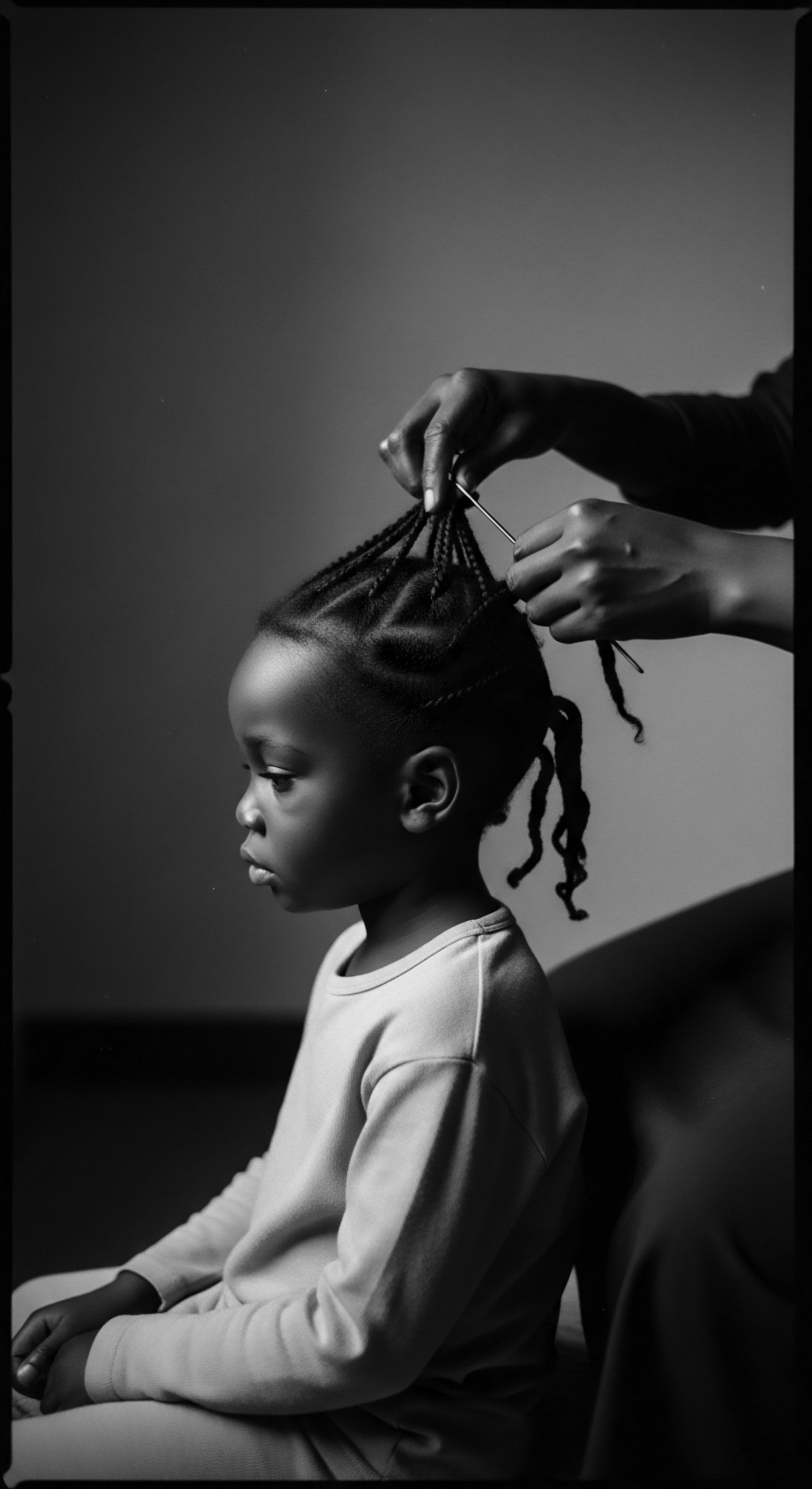 Intimate Moment Child’s Hair Braiding Textured Hair Black and White The moment captures a delicate exchange, as traditional cornrow braiding continues. It underscores the deep connection between generations and the artistry involved in Black haircare rituals, promoting cultural pride, heritage continuity, and the celebration of coiled hair formations.