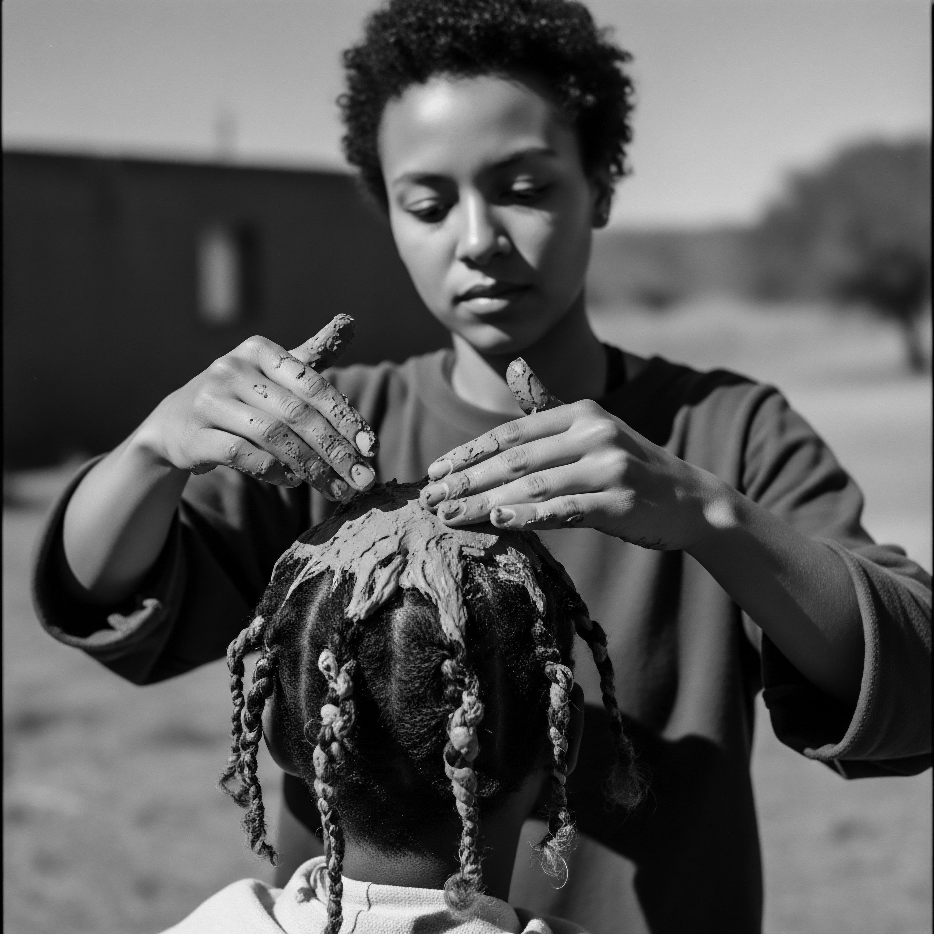 Intimate Moment of Heritage Hair Care Black Hair Traditions and Ancestry A tender gesture of ancestral hair care traditions, captured in monochrome, showcases the application of natural ingredients, symbolizing heritage and wellness. This image honors cultural practices while nurturing tightly coiled textures, fostering self-love and communal connection with time-honored Black hair traditions.