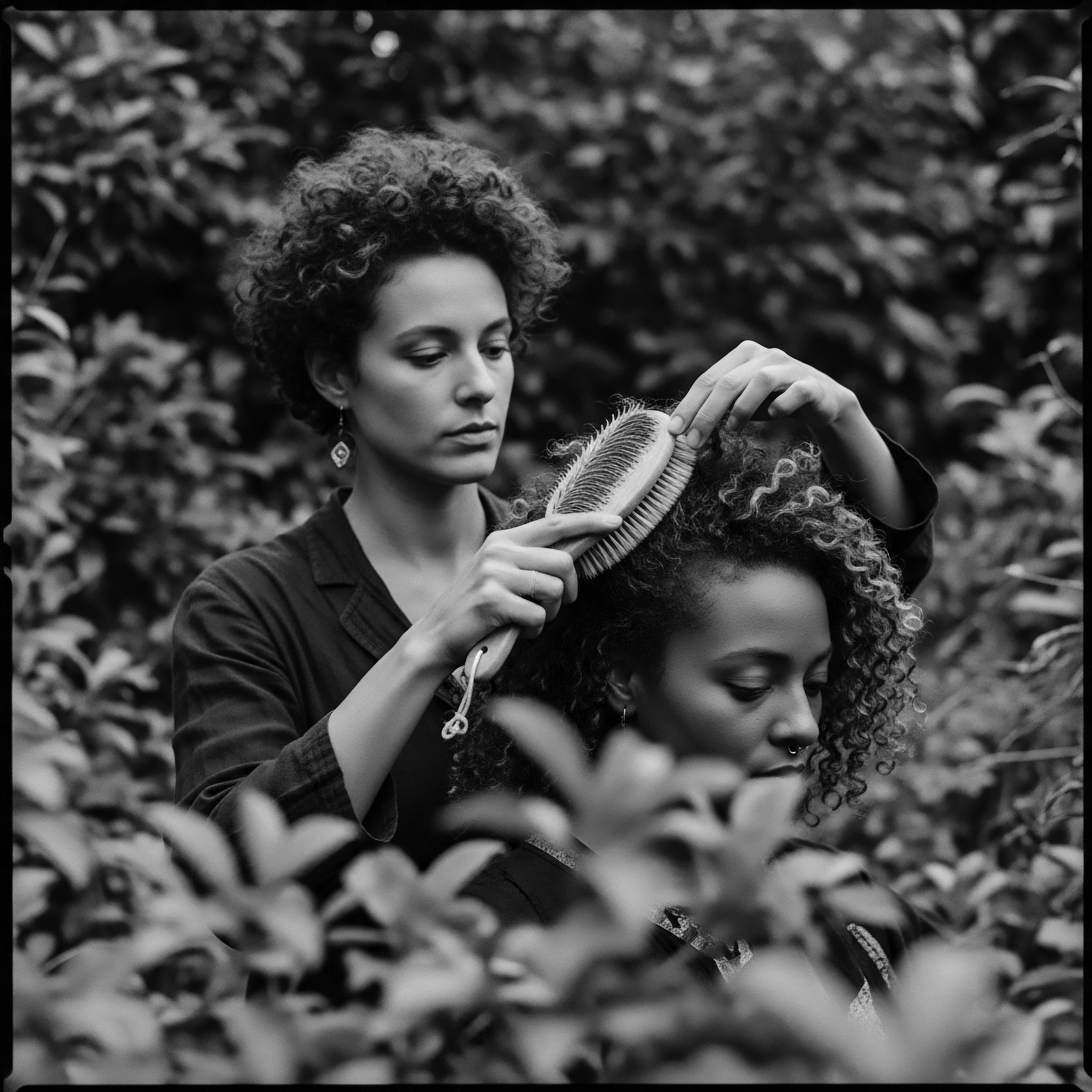 Intimate Moment Two Women Textured Hair Care Black and Mixed Heritage Evoking ancestral hair traditions, this intimate scene captures one woman gently brushing another’s textured formations amidst lush greenery, symbolizing a tender exchange of wellness, heritage, and mutual care. This intimate exchange embodies holistic hair rituals deeply tied to Black and mixed ancestry hair experiences.