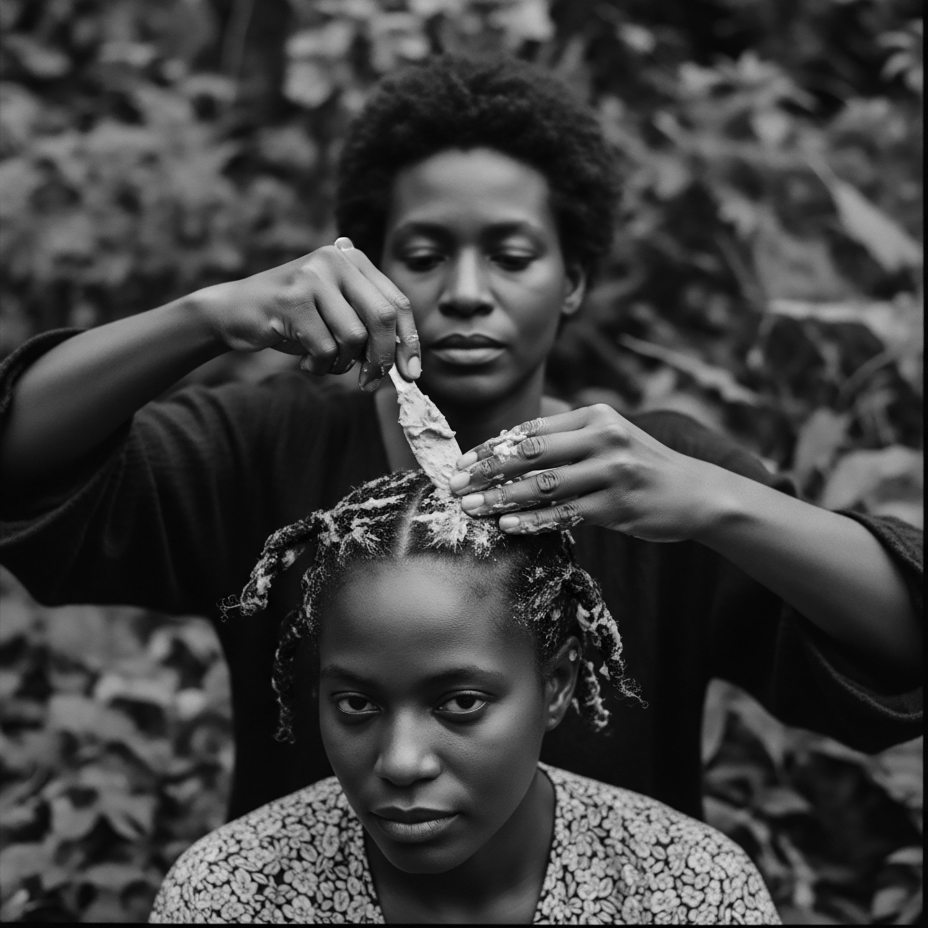 Intimate Moment: Woman Applying Hair Mask to Natural Black Hair Texture In a moment of tender holistic care, a woman expertly applies a conditioning mask to textured, natural hair, honoring time-honored Black hair traditions. This protective styling and deep conditioning ritual speaks to embracing natural coils and an ancestral heritage with beauty and wellness.
