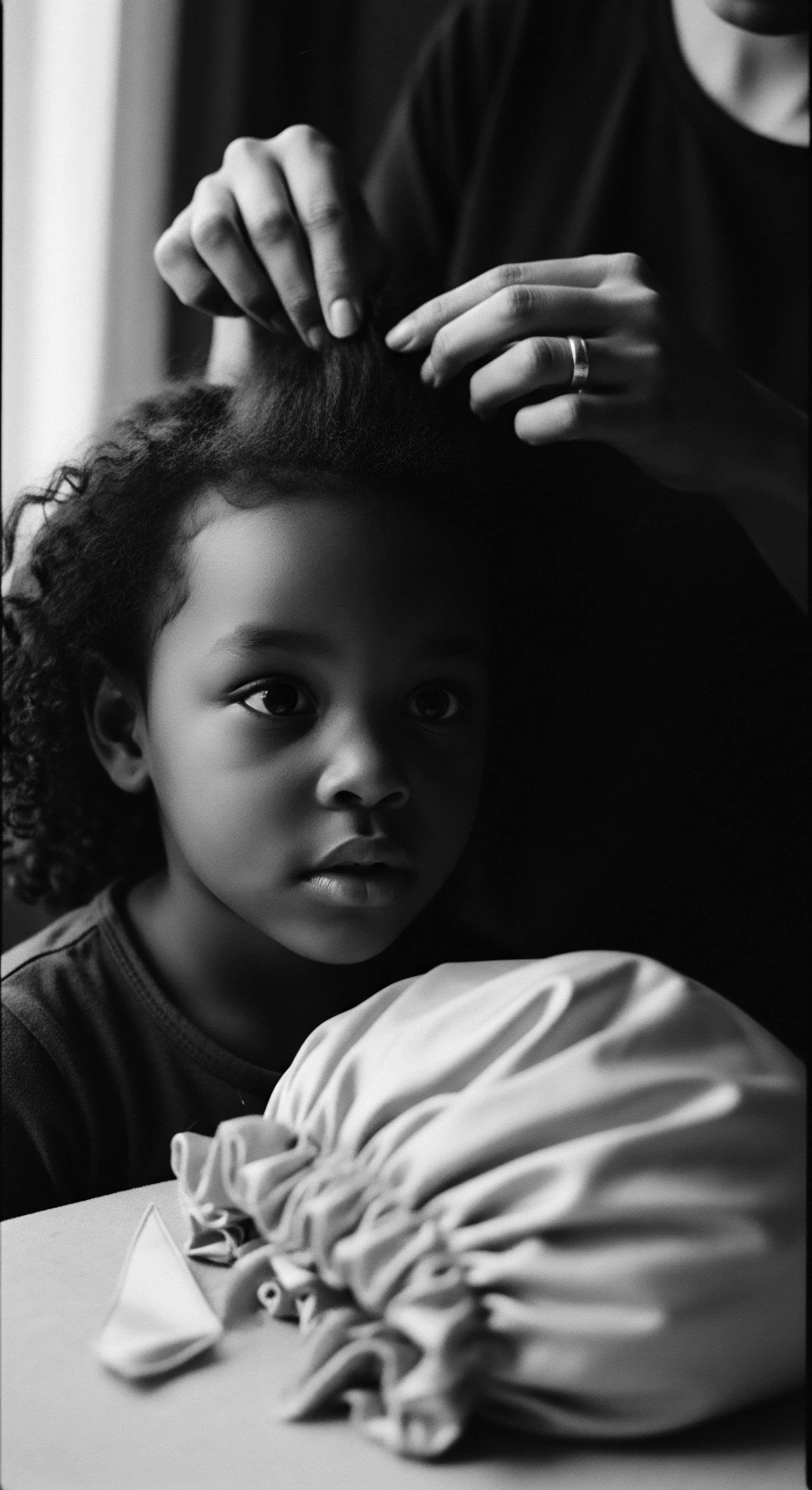 Intimate Portrait of Child Receiving Hair Care with Black Hair Traditions The image captures a poignant moment of care, showing the dedication involved in textured hair management, highlighting the ancestral heritage embedded in these practices. The textured hair formation's styling symbolizes identity, wellness, and the loving hands that uphold Black hair traditions.