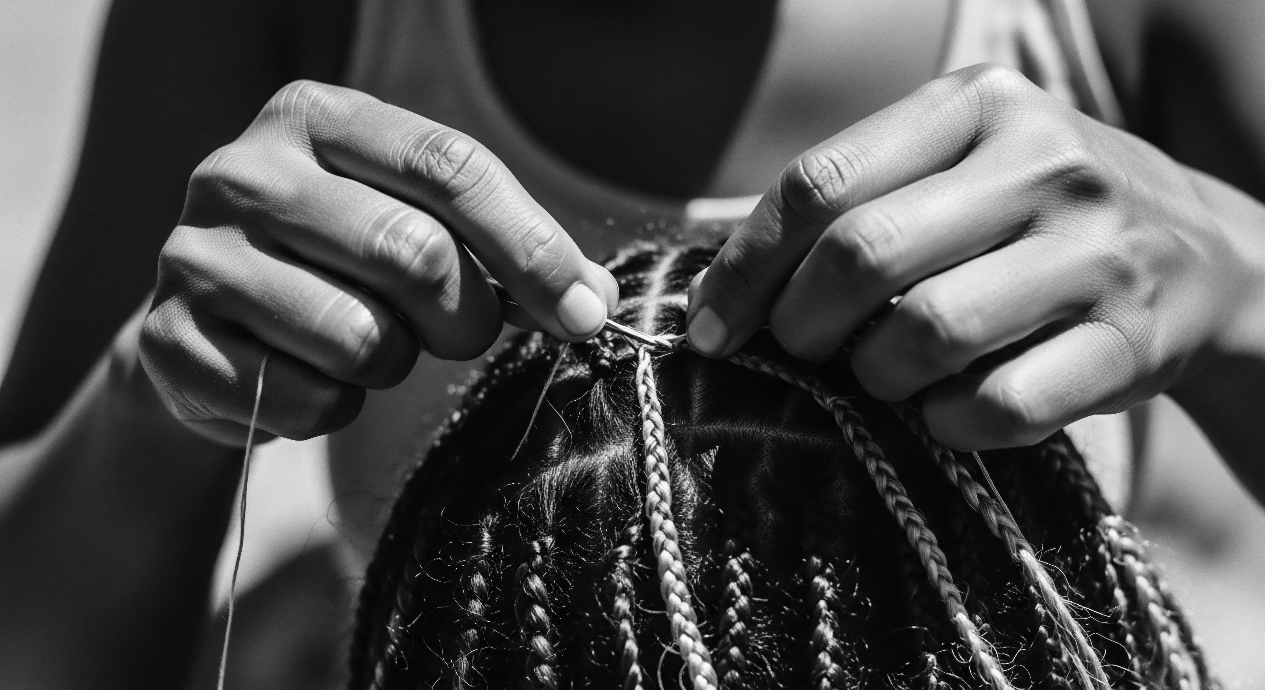 Intricate Braiding Process Showcases Textured Hair Artistry and Cultural Heritage Through focused hands shaping hair, artistry unfolds, preserving Black haircare heritage. This intimate moment reveals beauty standards while honoring ancestral methods and providing versatile styling options to promote scalp health and celebrate community through intricate woven patterns and design.