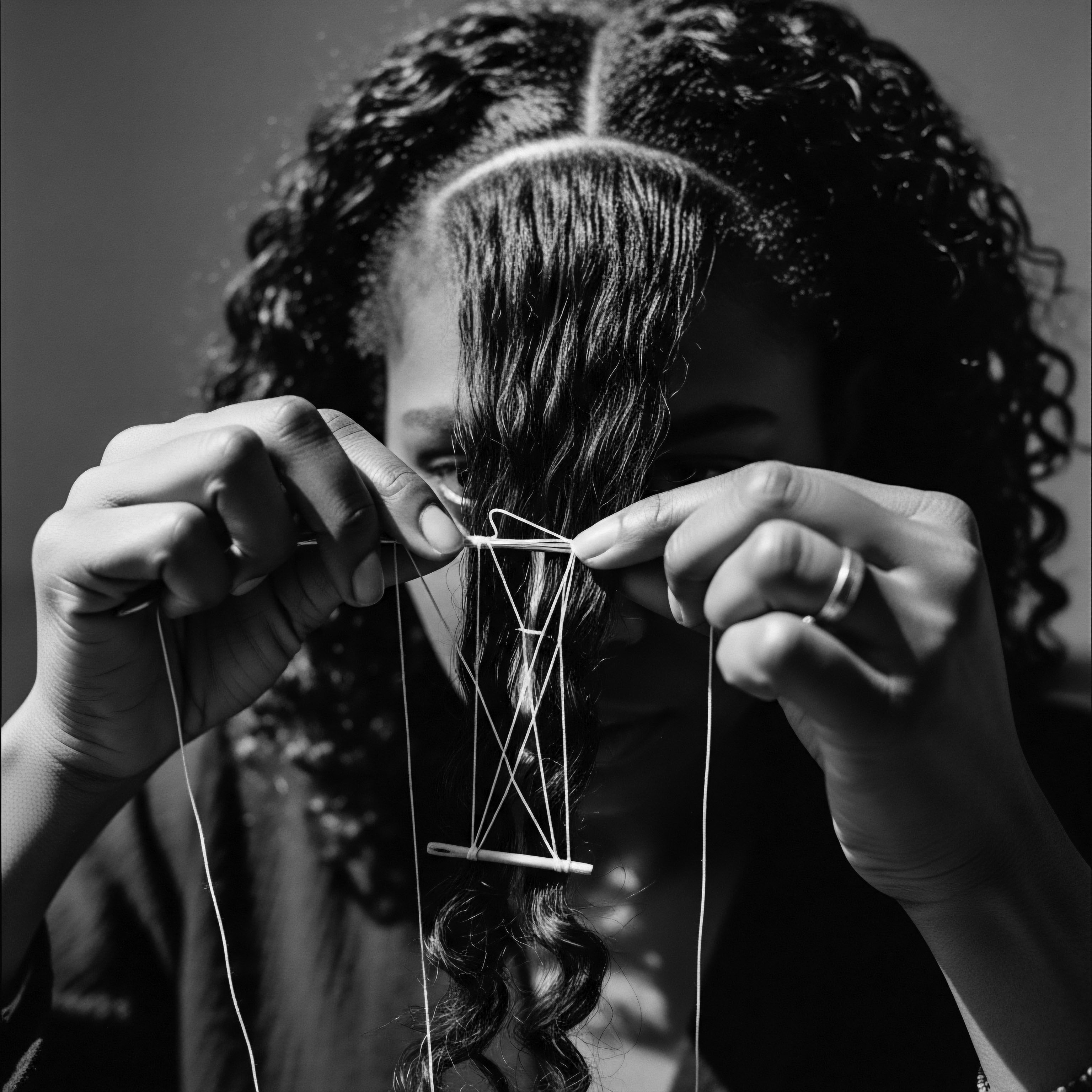 Intricate Thread Work Connecting Coiled Textured Hair Formations in Monochrome Art The monochrome treatment accentuates textures and shadows, highlighting the artistic process of intertwining thread with the coil formations. This symbolic act links ancestral heritage to the intentional craft of self-expression through stylized formations, embodying unique narratives and holistic well-being practices.
