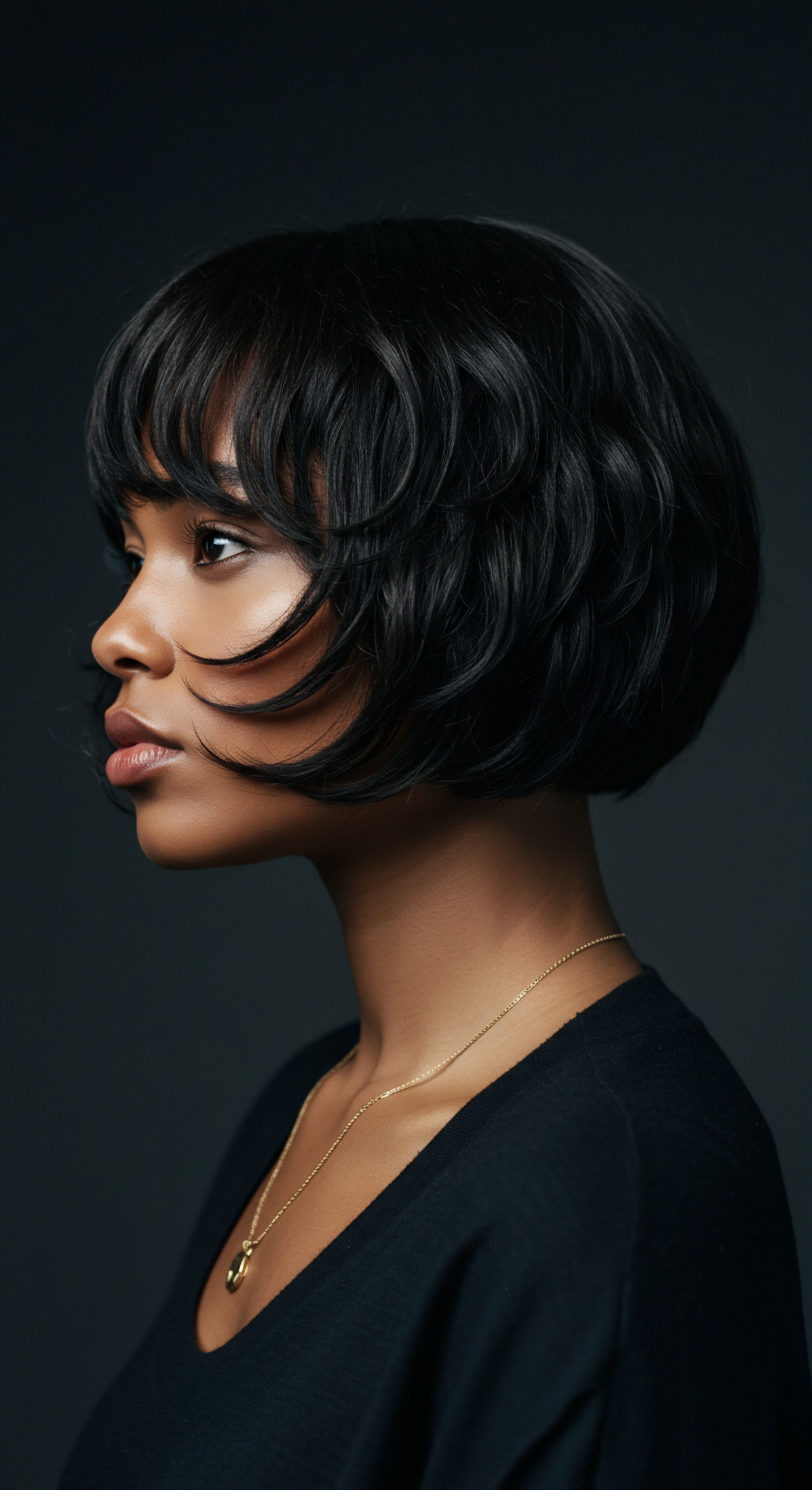 Layered Bob Styling For Resilient Black Textured Hair Vibrance Emphasizing scalp health and low manipulation, this elegant bob showcases advanced Styling for Textured Hair. The deep hue of the Black Hair highlights optimal hydration and shine, embodying the pride in Mixed-Race Hair Heritage achieved through consistent Care, enhancing natural pattern and protective styling.