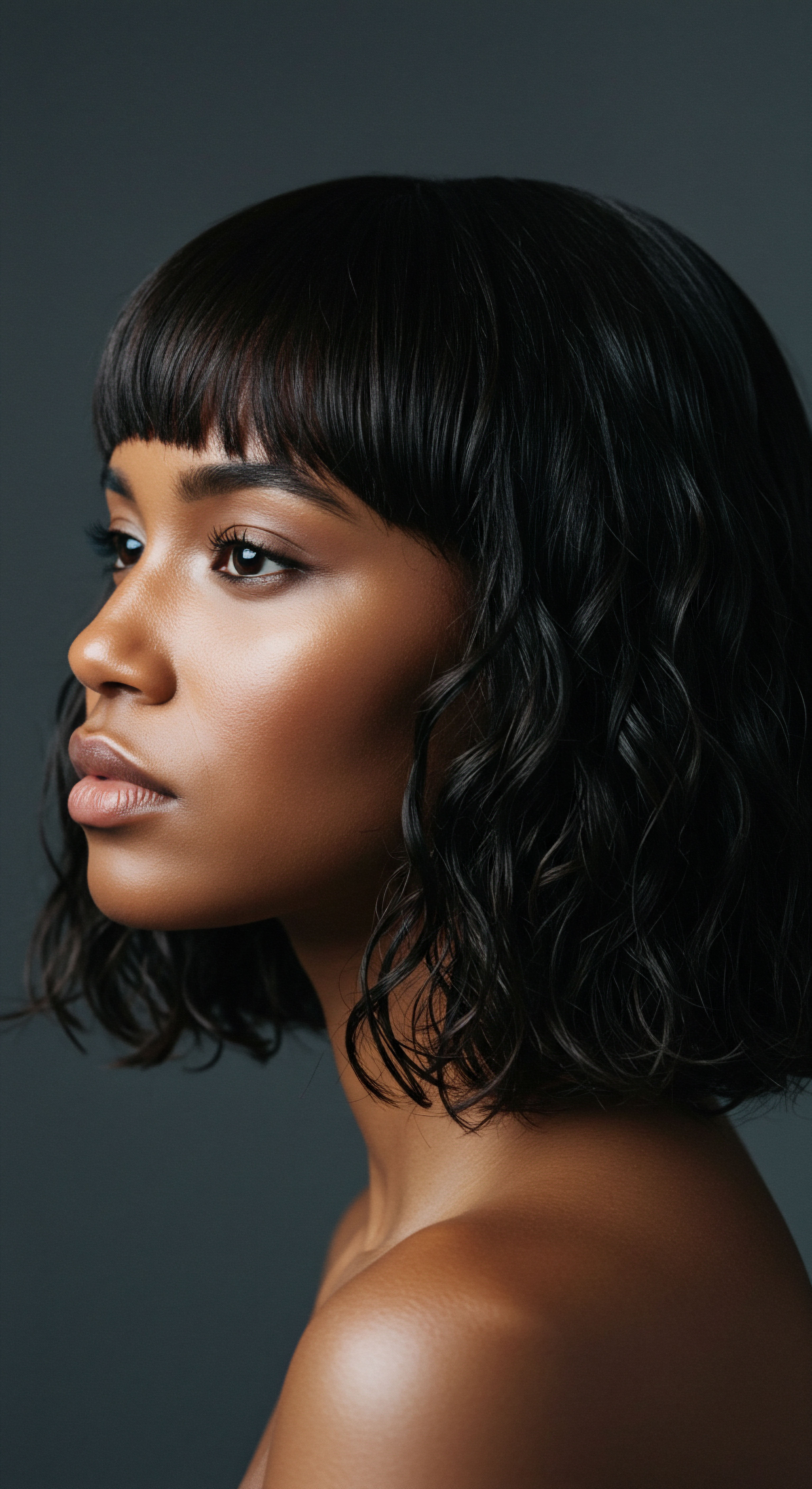 Luminous Defined Pattern Textured Hair Portrait with Expert Styling Heritage Care A profile capturing the artistry of textured hair. Luminous hydrated black hair displays expert styling, with waves and spirals revealing remarkable pattern definition through advanced techniques. This portrait beautifully conveys Mixed-Race and Black Hair heritage, celebrating natural texture and self-expression achieved via meticulous hair care and fringe shaping for optimal moisture retention.