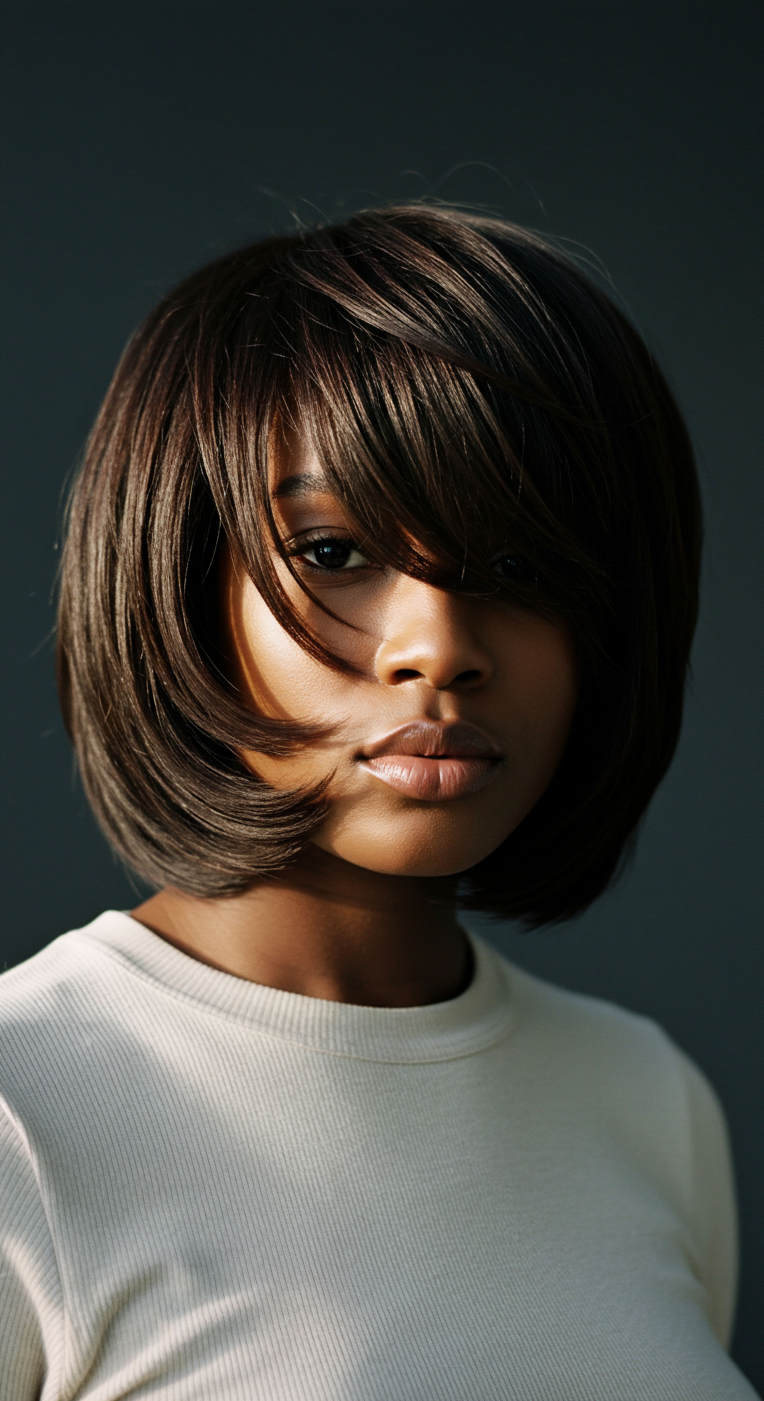 Luminous Heritage Textured Strands With Expert Silk Press Styling A captivating portrait showcases an expert silk press on rich, melanin-infused strands, exhibiting radiant sheen and structural integrity. This precision-cut bob highlights meticulous thermal protection, optimal hydration, and a defined pattern, embodying ancestral heritage and vibrant texture.