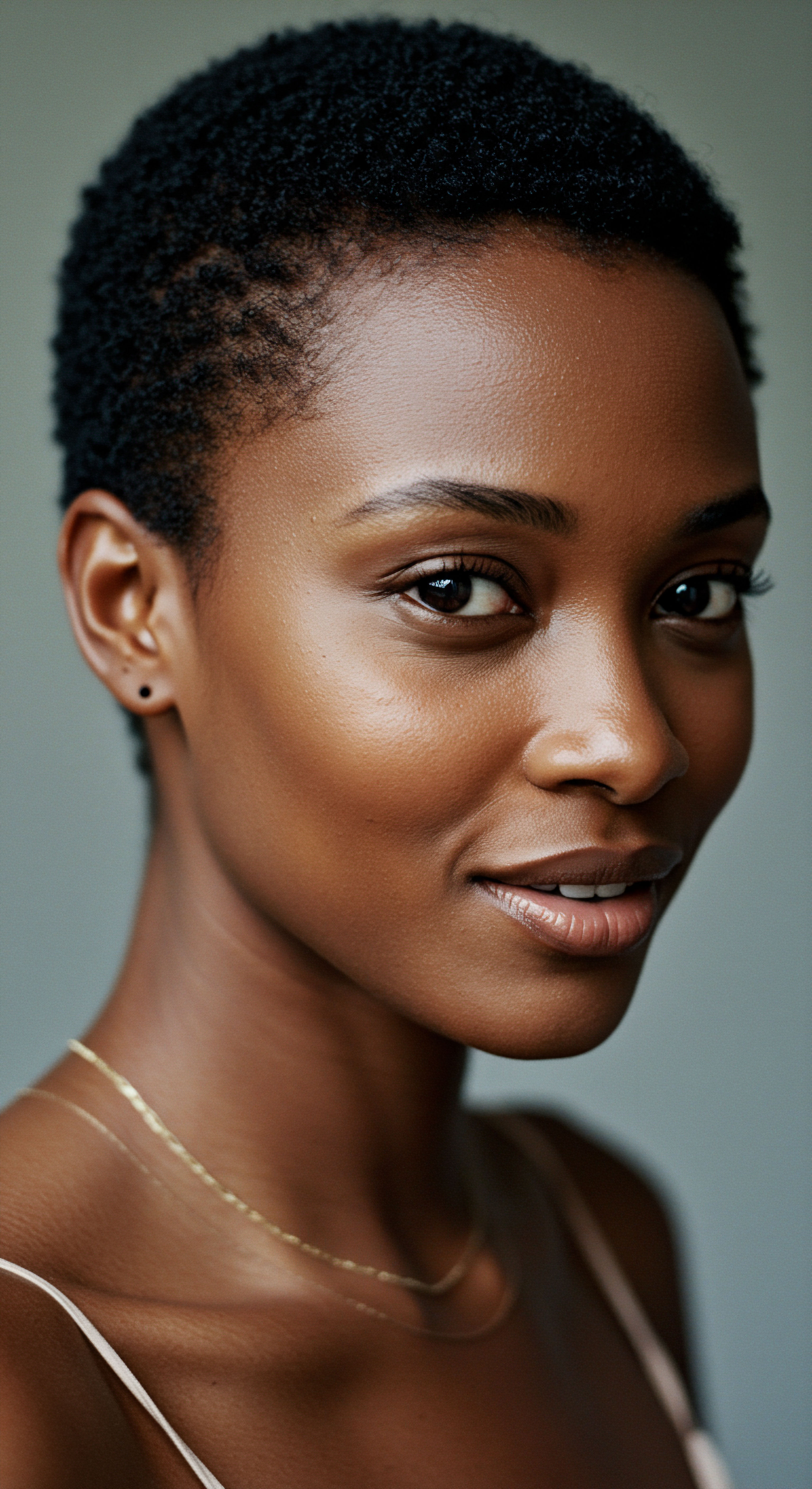 Luminous Skin Short Tightly Coiled Textured Hair And Essential Follicular Care Showcasing radiant melanin-rich skin and perfectly defined, short tightly wound coils, this individual embodies holistic hair care. Their natural density and balanced hydration routine reflect an authentic beauty and strong ancestral connection to textured hair styling, emphasizing optimal follicular health.