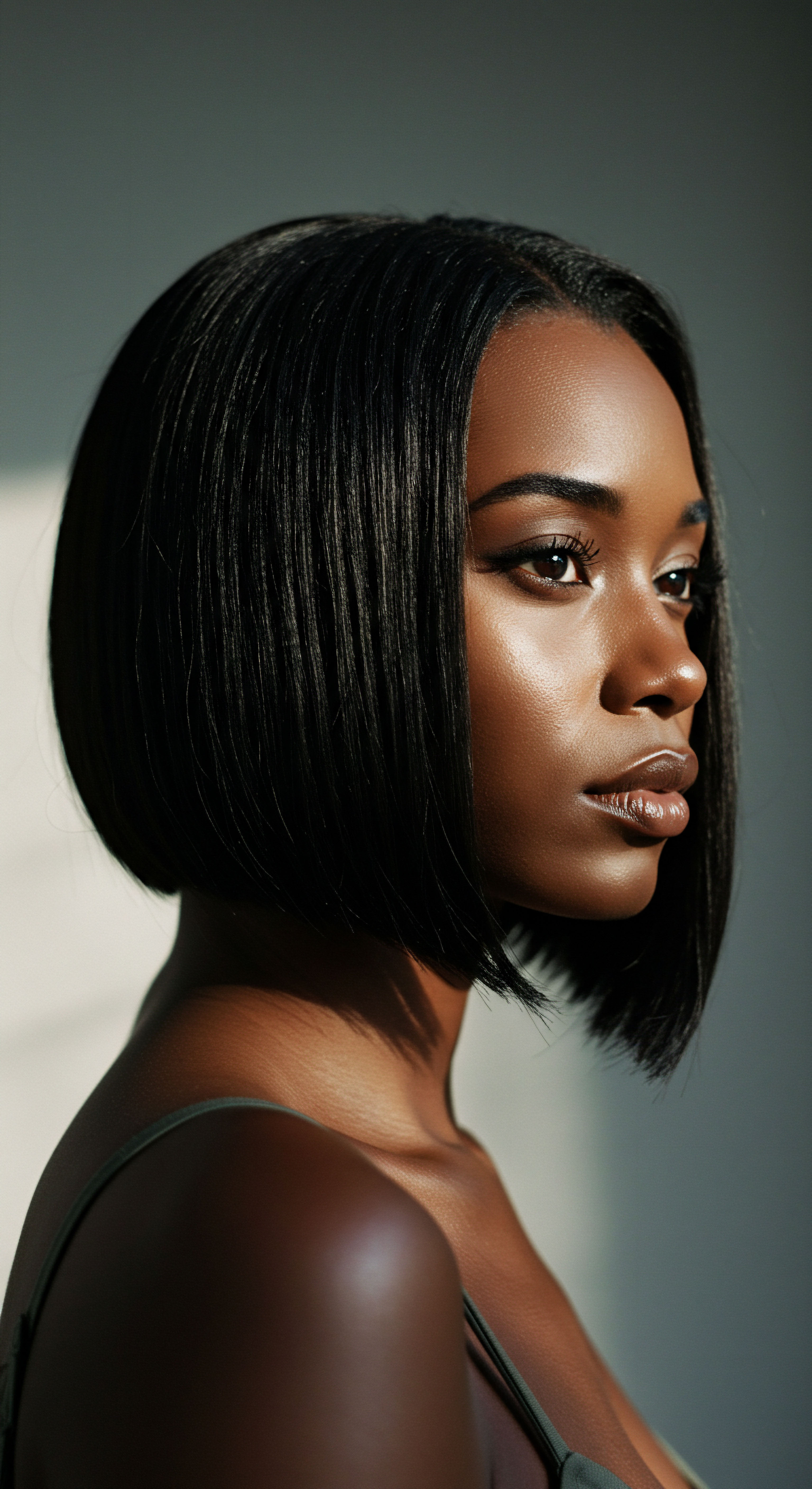 Luminous Sleek Thermal Styling Showcasing Black Hair Care Radiance Exemplifying textured hair care excellence, this image highlights black hair transformed into a sleek, lustrous precision bob. Achieving such thermal styling requires superior cuticle alignment and sustained moisture retention. It truly embodies healthy hair vibrancy, respecting rich heritage and refined styling techniques.