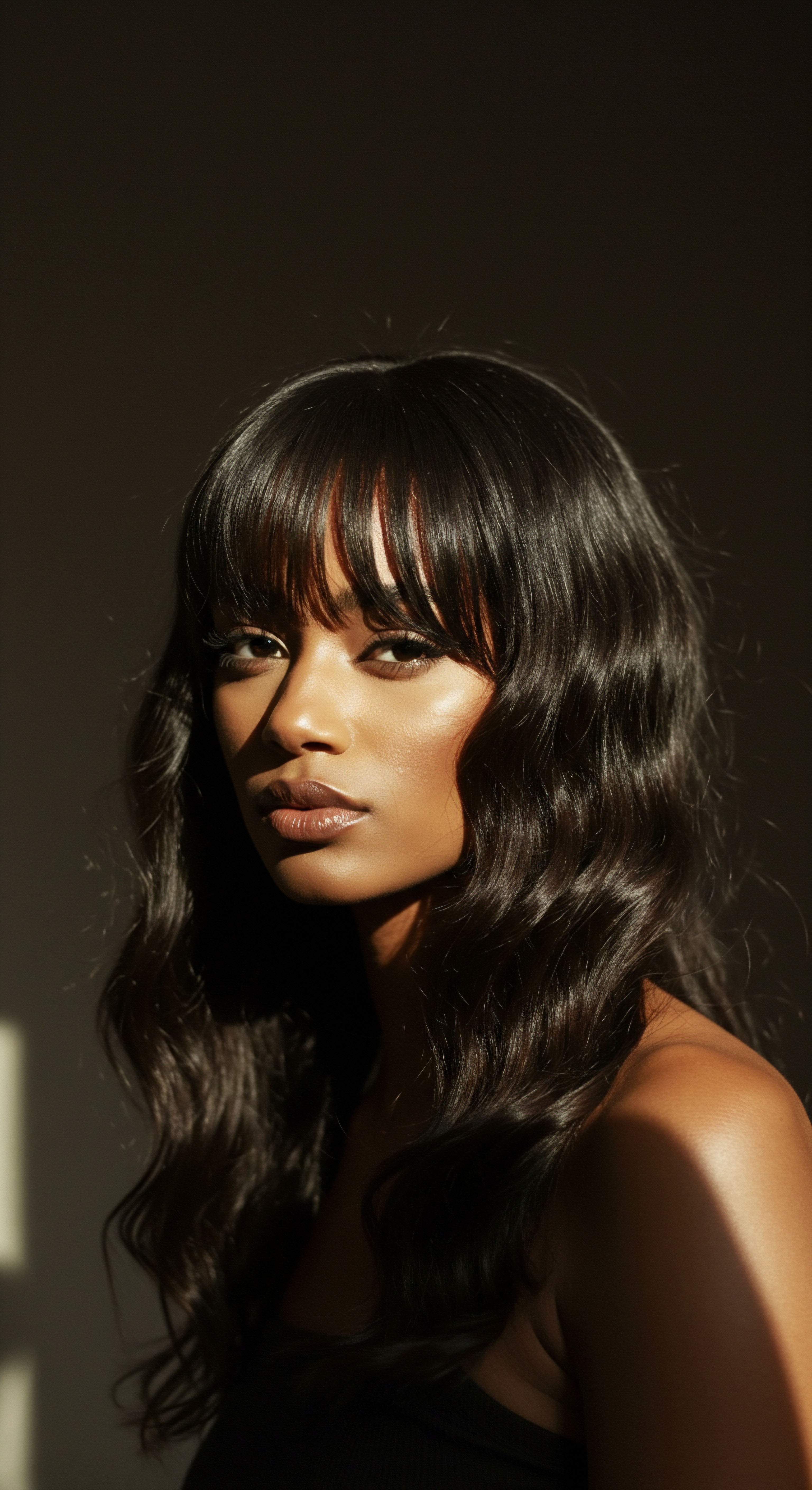 Lustrous Textured Hair Fringe Embracing Rich Heritage Styling Care This captivating portrait features lustrous dark textured hair with a defined wavy-to-coily pattern and stylish fringe. It exemplifies dedicated care, including optimal hydration and protective styling. The luminous sheen celebrates Mixed-Race Hair heritage through a specialized, healthy hair regimen for enhanced definition.