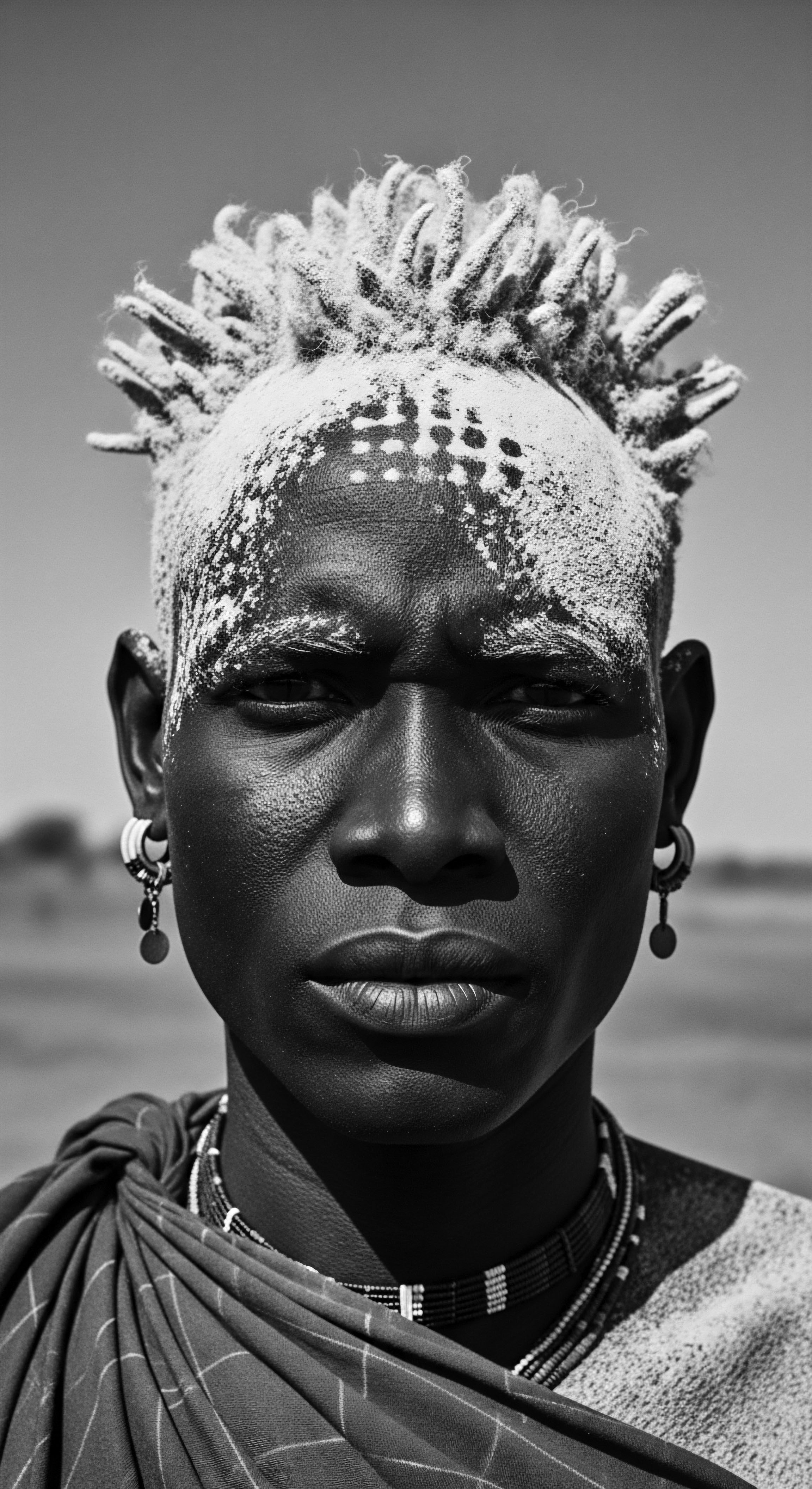Maasai Warrior Adorned With Ocher Dust Textured Protective Hairstyle Portrait The powerful portrait encapsulates Maasai tradition and male rites of passage through ochre pigment. The warrior’s textured protective hairstyle, adorned with dust, carries ancestral significance, emphasizing identity and resilience within the community, while echoing holistic connection to the land.