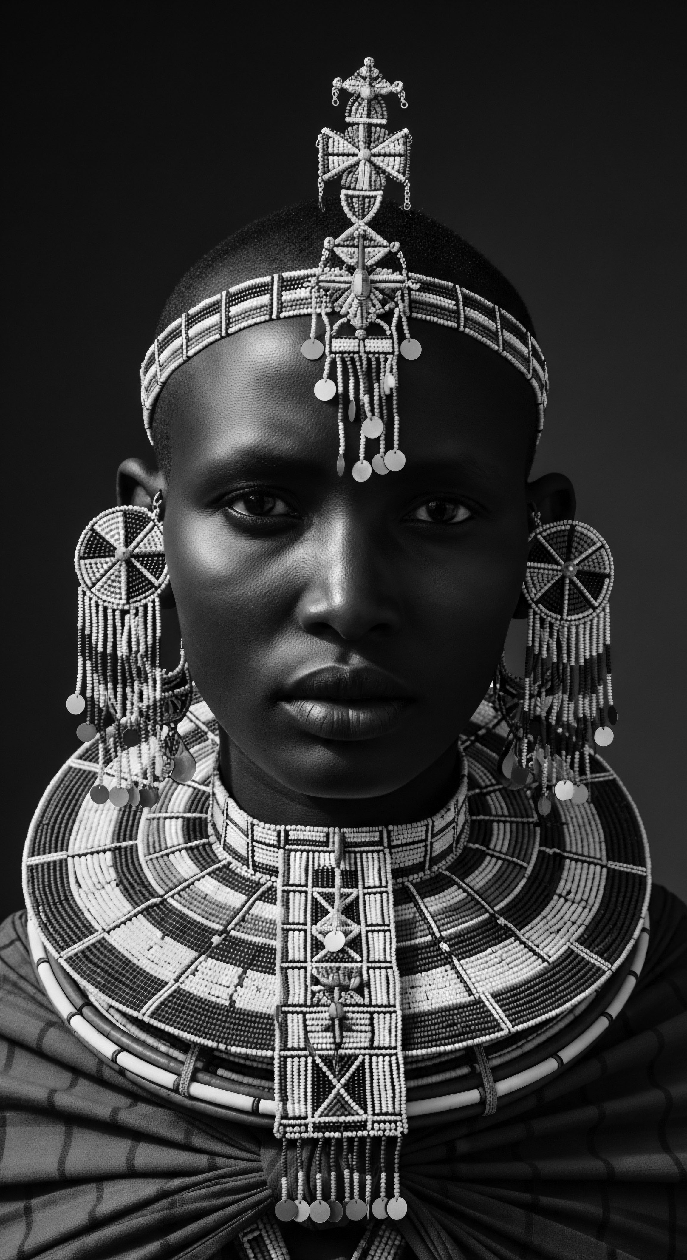 Intricate beadwork, signifying cultural identity and heritage, encircles the woman, her direct gaze resonating with strength and ancestral pride. This evocative portrait highlights the deep connection between adornment and identity with focus on sebaceous balance and meticulous artistry showcased through beaded ancestral heritage.