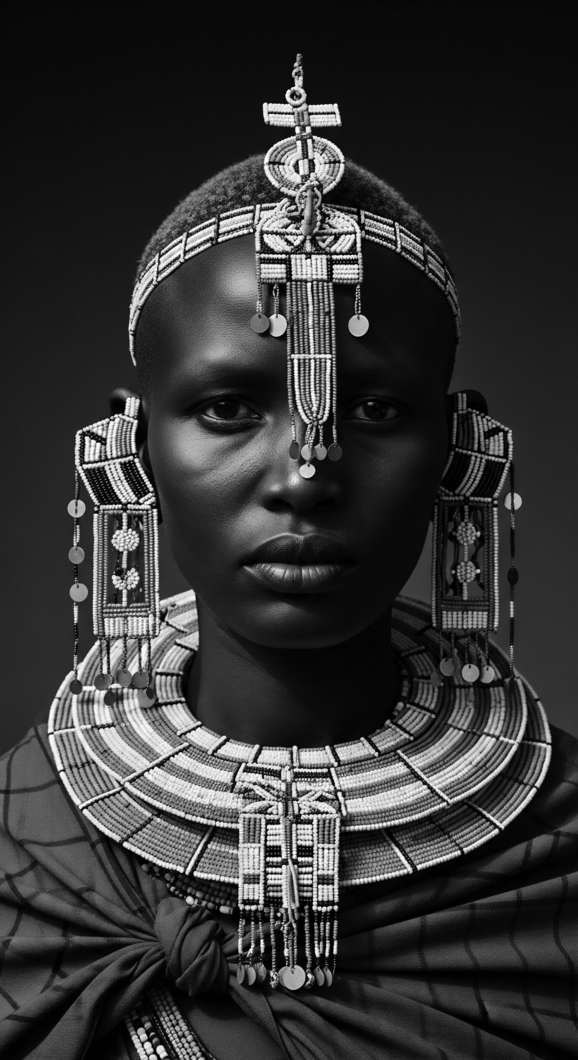 Maasai Woman Adorned with Intricate Beaded Headdress and Traditional Jewelry The portrait captures the essence of Maasai identity through intricate beadwork and short Afro-textured hair, a powerful representation of ancestral heritage and holistic beauty. Expressive styling and light celebrate Black hair traditions, inviting contemplation on cultural narratives woven into each coil and adornment.