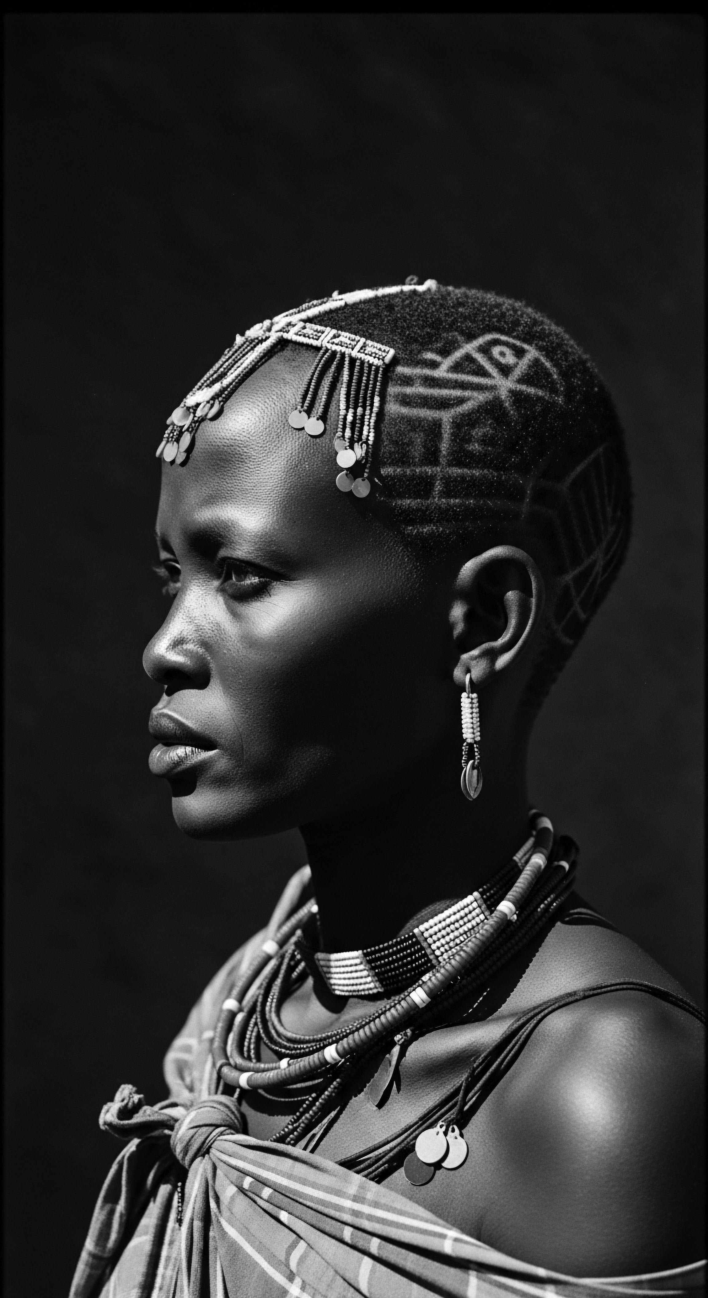 Maasai Woman’s Coiled Hair Adornment Expression of Heritage and Identity This powerful monochrome captures the profound ancestral heritage embodied in a Maasai woman, her head adornment enhancing the natural beauty of low porosity high-density coils, showcasing cultural artistry in protective styling helix definition and celebrating sebaceous balance care traditions.