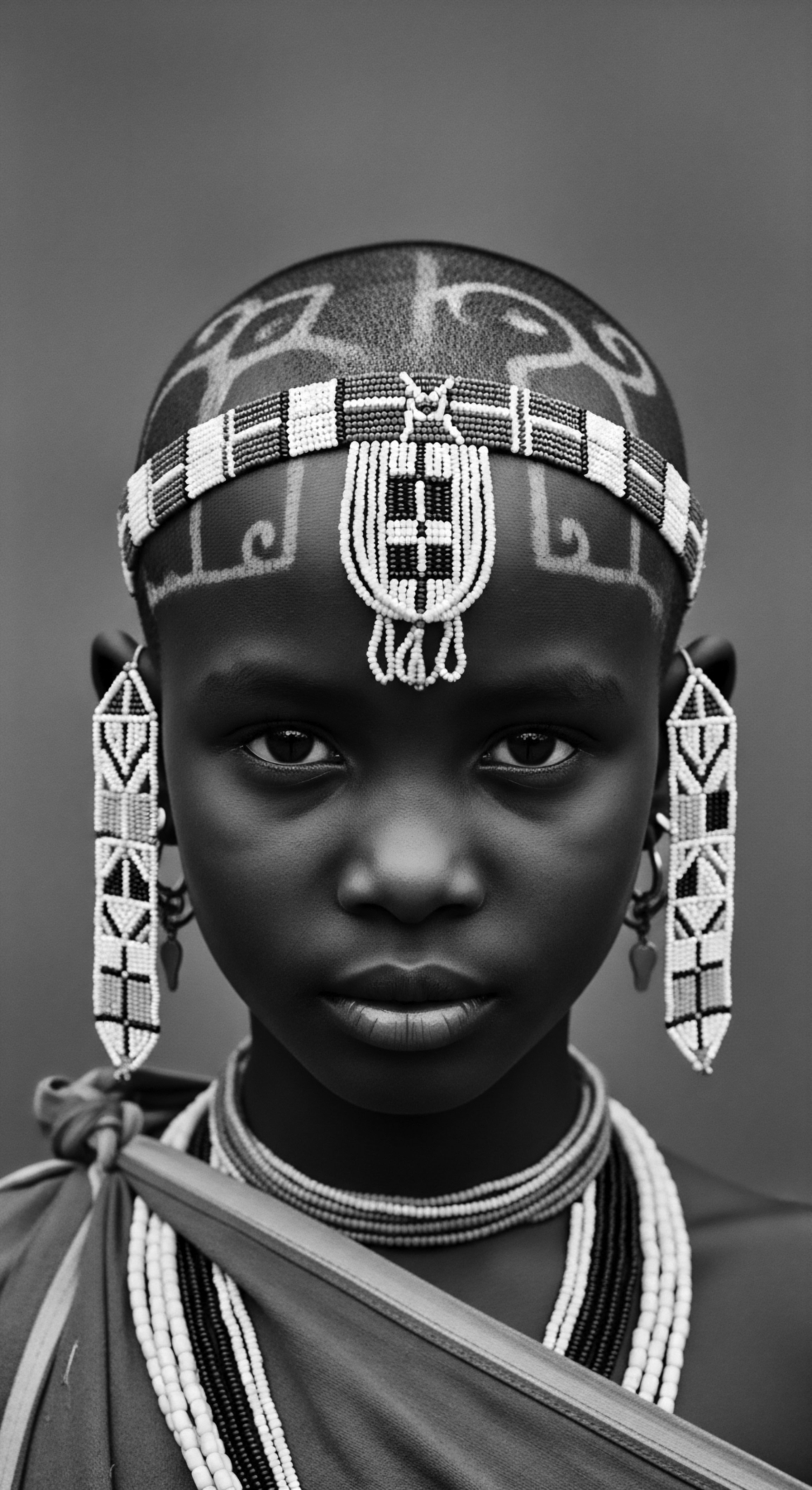 A striking monochrome portrait reveals a young Maasai individual adorned with intricate beaded headwear and earrings signifying cultural identity. Close-cropped coiffure showcases tribal markings, enhanced by meticulous sebaceous balance techniques. Beaded jewelry cascades, emphasizing ancestral heritage within holistic hair care traditions reflecting elongated spiral pattern. The subject's intense gaze engages, celebrating Black Hair Traditions expressive styling.