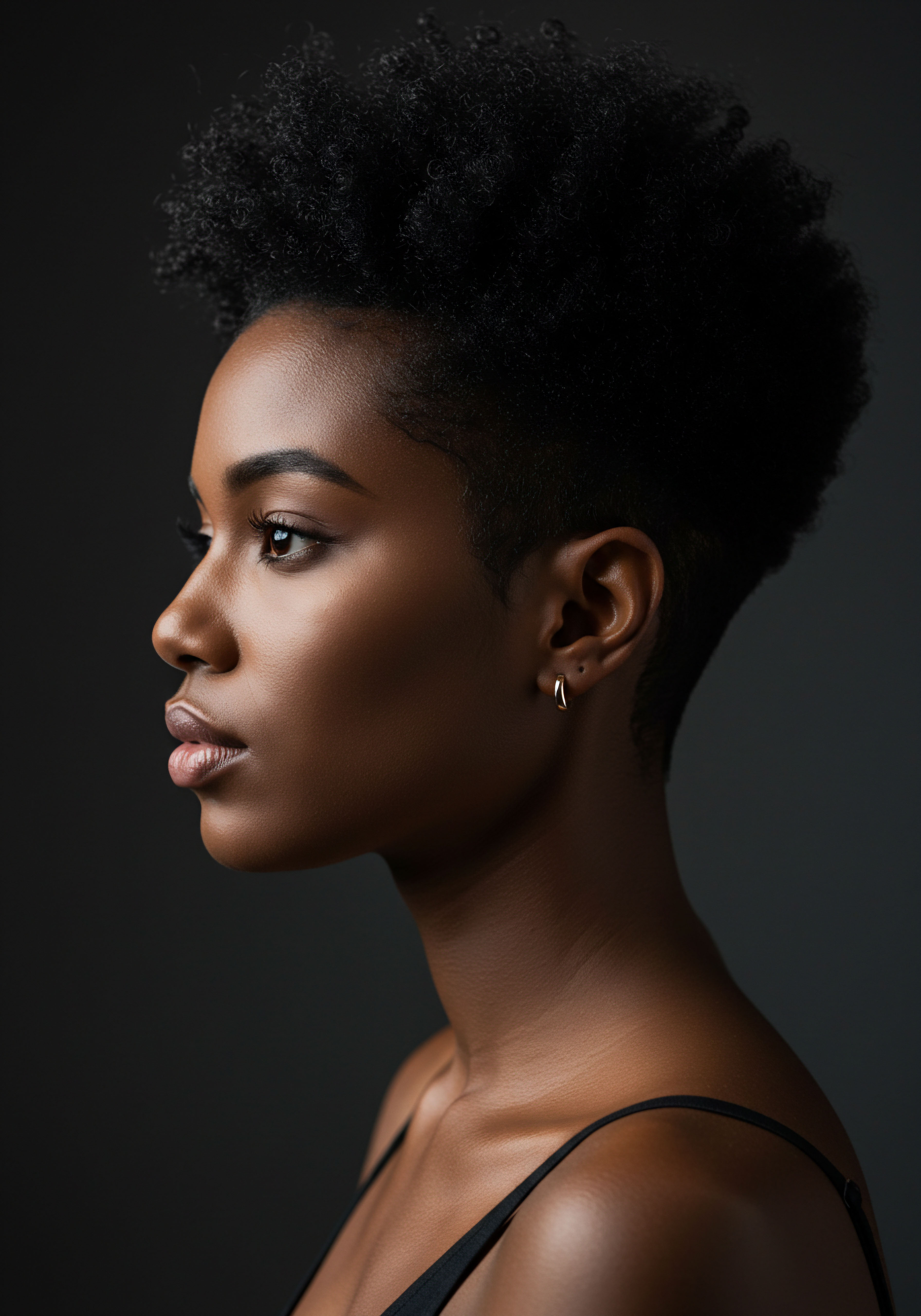 Mastering High Density Coily Hair Maintenance For Luminous Natural Definition A captivating profile showcases radiant, melanin-rich skin alongside meticulously styled high-density coily hair. This chic tapered haircut expertly defines her natural pattern, reflecting dedicated advanced hair care and optimal hydration. It embodies cultural heritage, emphasizing scalp health and specialized styling for resilient textured hair.