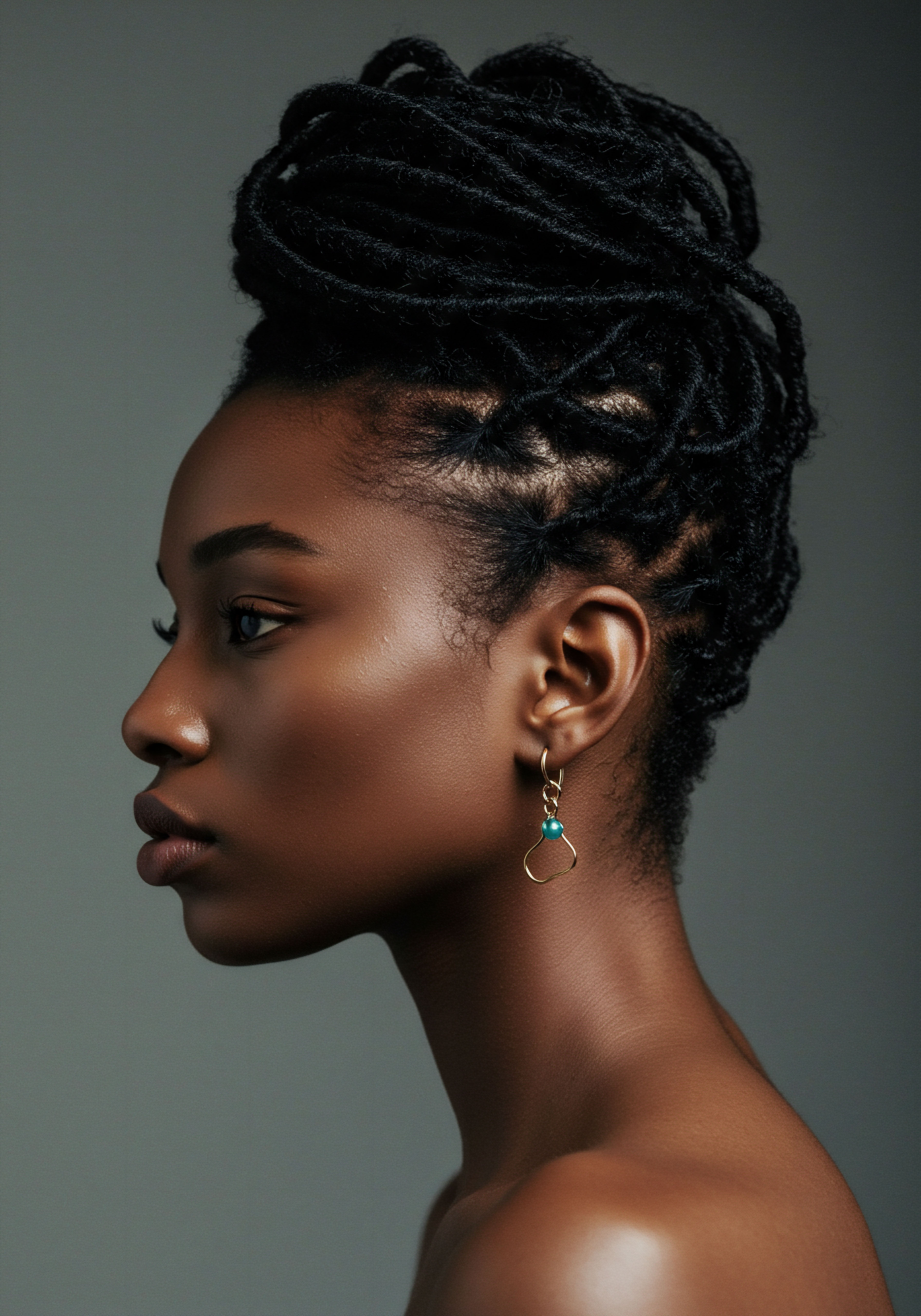 Melanin Radiance Showcasing Coily Hair Protective Styling and Heritage Care Celebrating Afro-textured hair's inherent beauty, the subject's voluminous coily locs are masterfully sculpted into a refined updo. This sophisticated protective style showcases optimal moisture retention practices, embodying ancestral heritage, dedicated care, and styling versatility for textured patterns.
