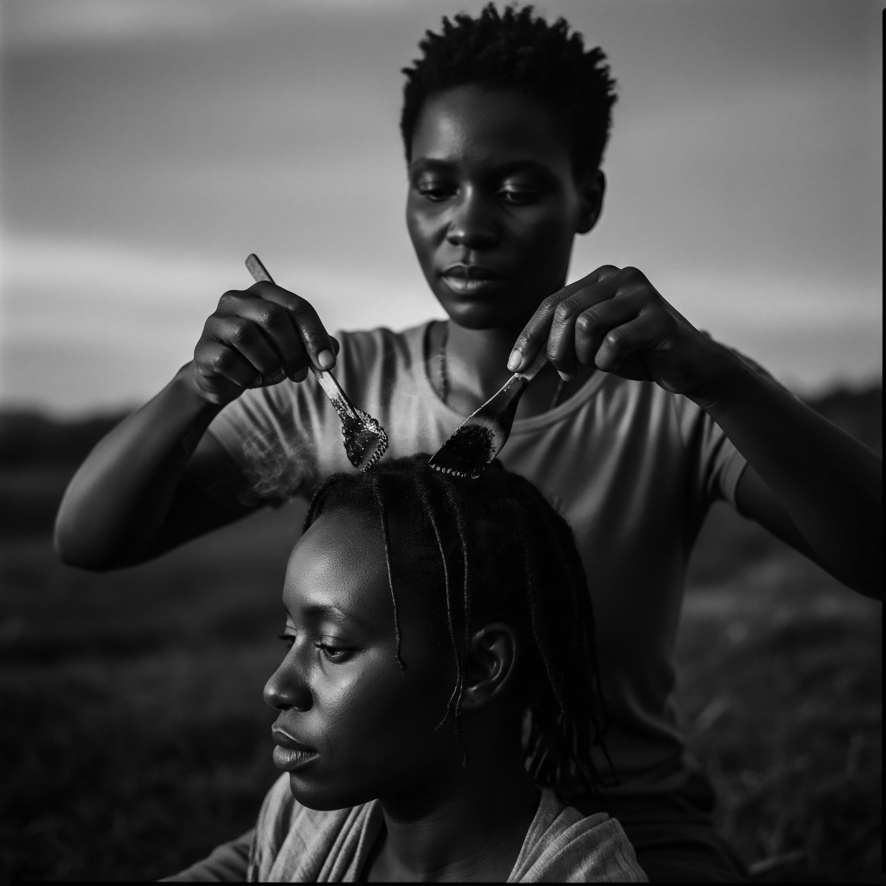 Melanin Rich Skin: Tending to Natural Black Hair Coils with Ancient Wisdom The image reflects a heritage of natural Black hair care. It reveals a deep bond between women as hair nourishment is applied directly to the scalp. This emphasizes the careful coil care routine and acknowledges the tradition of nurturing textured hair through passed down ancestral practices.