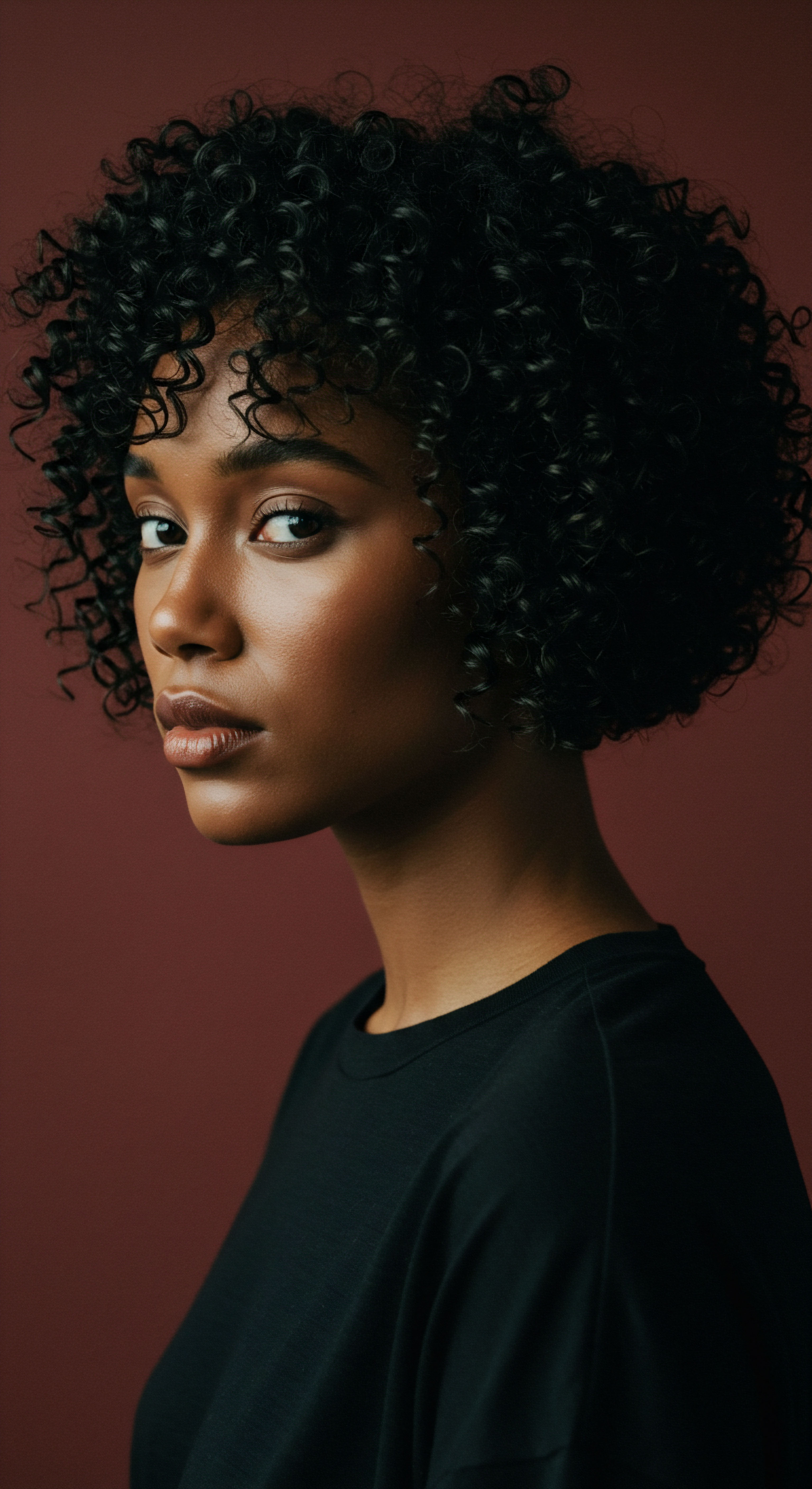 Mixed Heritage Coily Hair Hydration Maintenance And Pattern Definition Her deeply set gaze and luminous melanin-rich skin draw attention to voluminous, tightly wound coils, defining her unique natural pattern. This healthy textured hair reflects a robust hydration regimen, exceptional moisture retention, and nourished scalp health. A beautiful celebration of authentic multi-racial heritage through mindful styling.