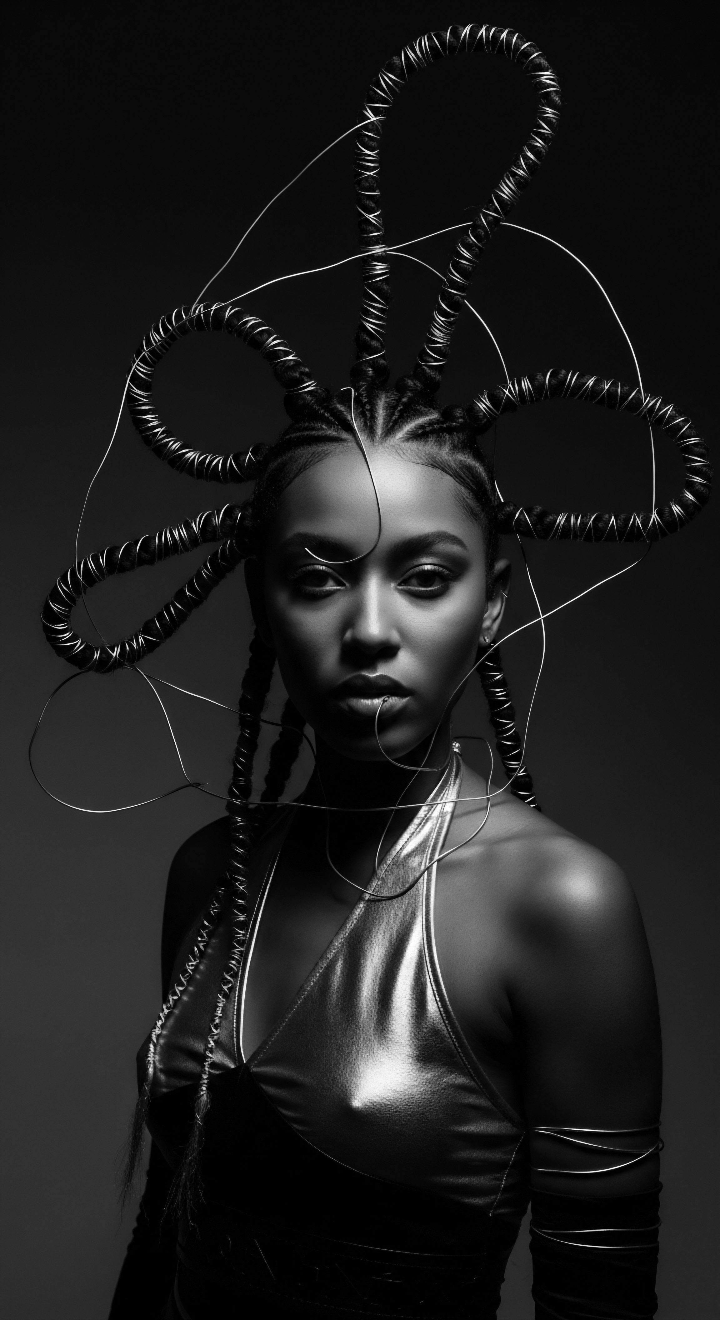 Monochromatic Portrait Braided Hair Embellishment Artistry Textured Hair Traditions Heritage Elevated aesthetics merge with cultural pride in this dramatic portrait, where the interplay of light and shadow emphasizes the intricate braiding patterns, celebrating textured hair’s beauty and resilience. Heritage echoes through expressive styling, demonstrating the blend of ancestral artistry with modern interpretation.