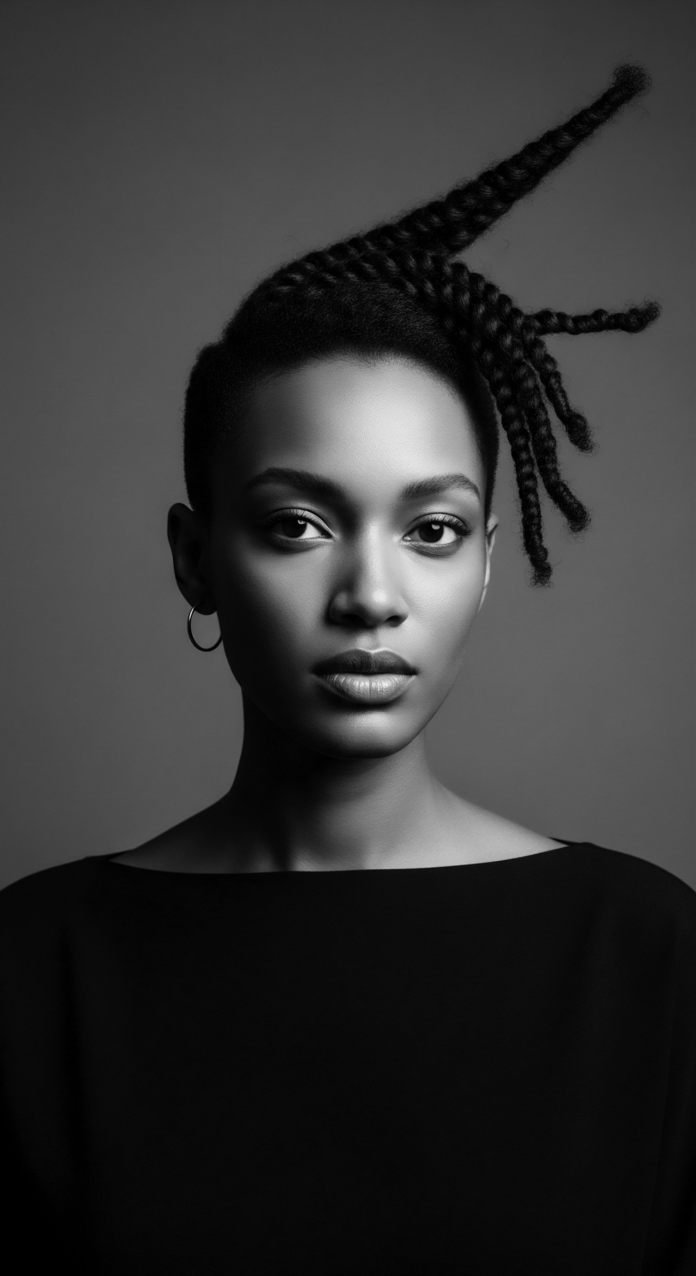 Monochromatic Portrait of a Woman Featuring Braided Textured Hair Styling This portrait encapsulates the fusion of modern elegance and ancestral heritage, highlighting the sculptural artistry possible with braided textured hair. The strong contrast amplifies the nuanced beauty of Black hair traditions, inviting a contemplation on identity, wellness, and expressive styling rooted in cultural narratives.