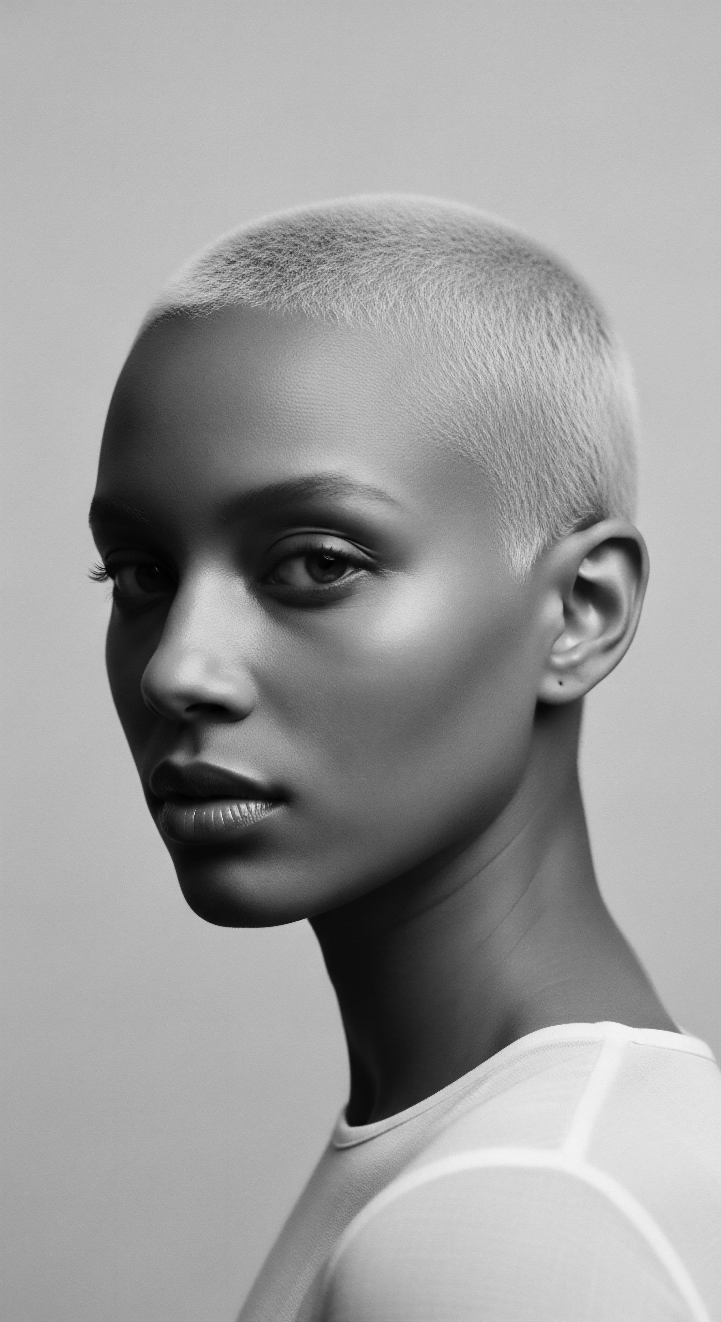 This elegant monochrome portrait captures a woman's inner strength expressed through her shaved platinum afro texture, with soft lighting accentuating her sculpted features, speaking to self-acceptance and cultural pride while embracing unconventional beauty standards in an emotive composition.