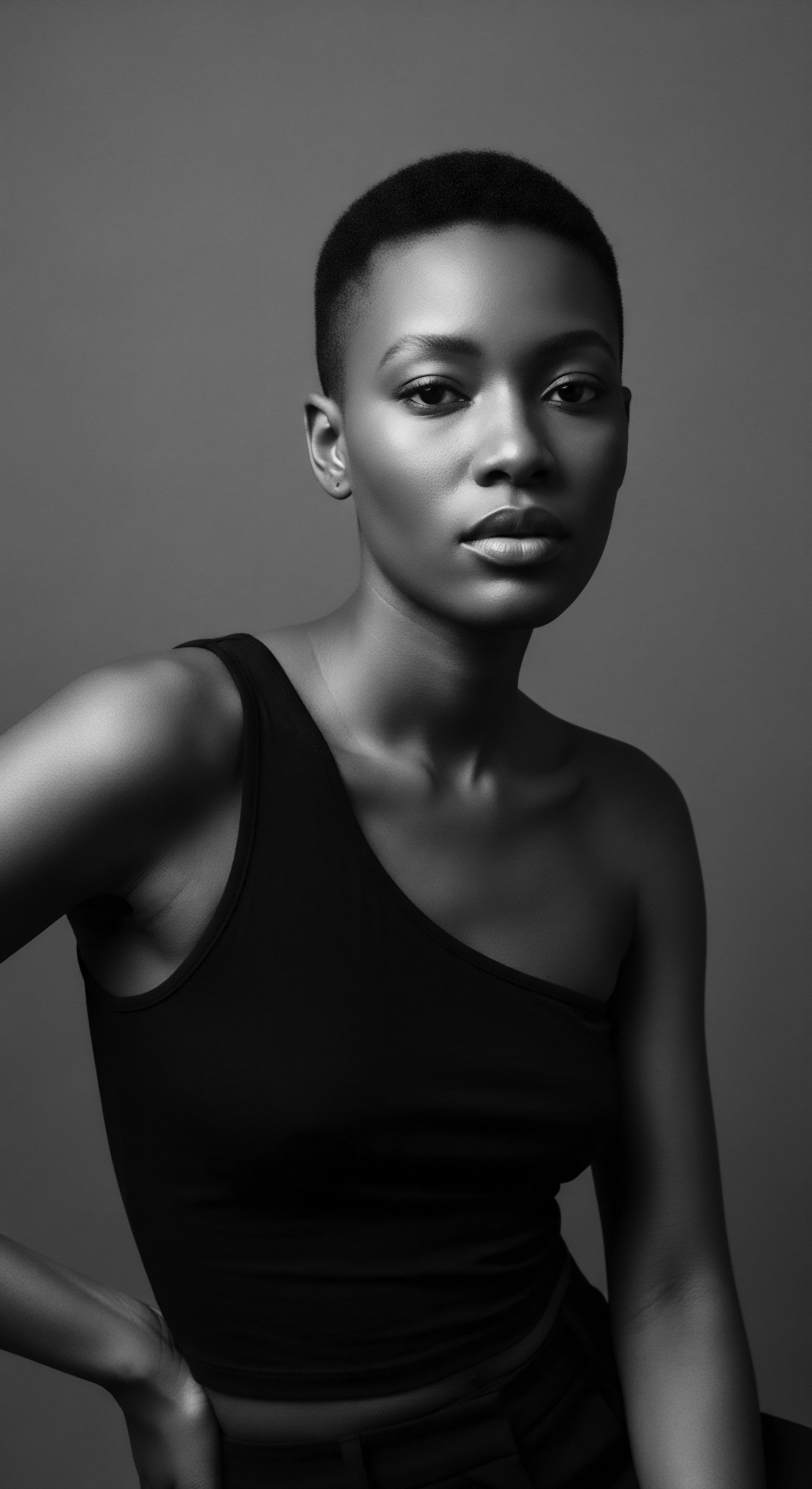 A striking black and white studio shot presents a woman with closely cropped, natural black hair showcasing textured density. The minimalist style, one-shoulder black top, accentuates her smooth skin and sharp features. The interplay of light and shadow emphasizes sculpted cheekbones and thoughtful expression, nodding to timeless beauty standards.