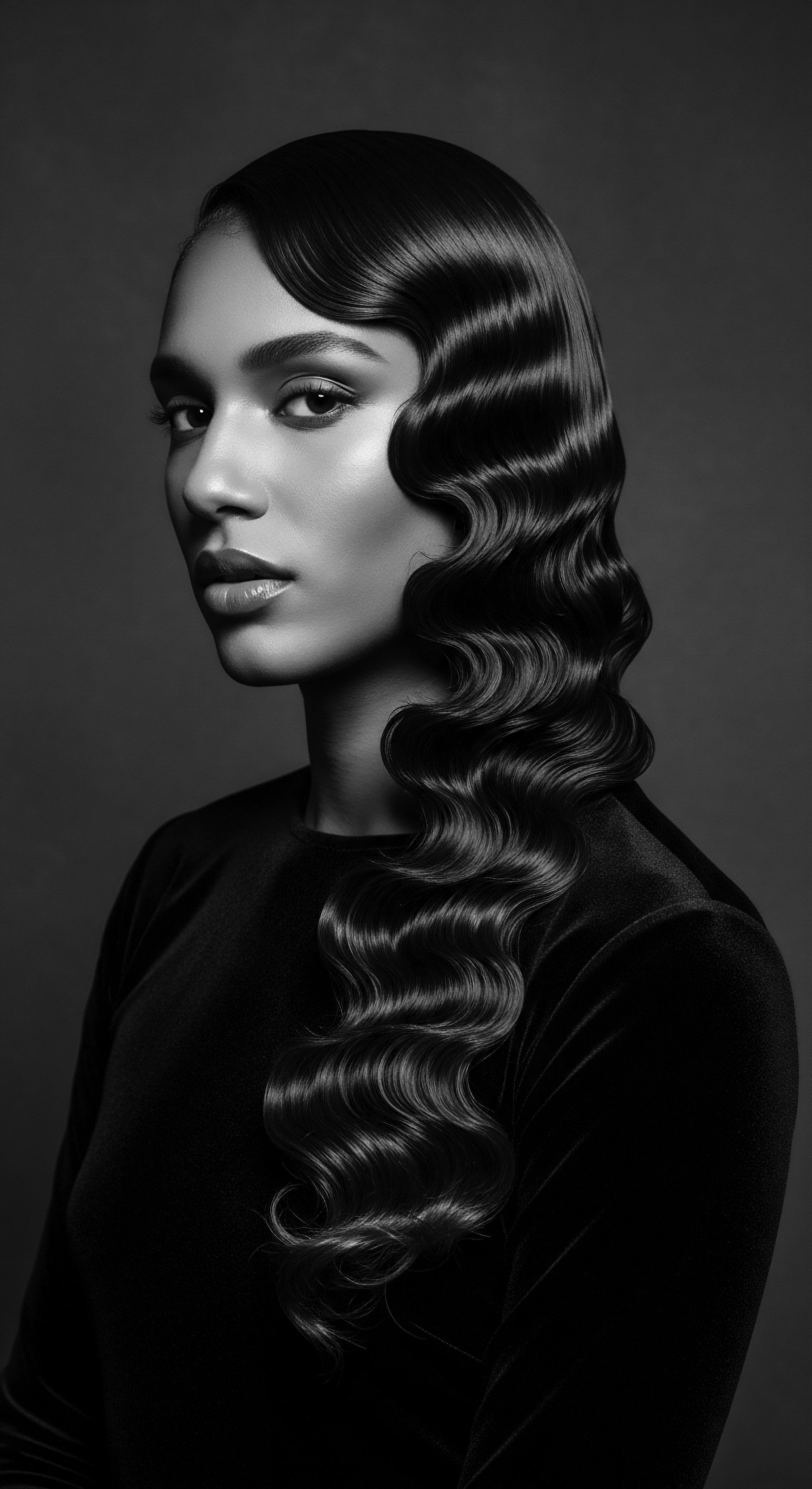 This portrait evokes Old Hollywood splendor through the lens of contemporary beauty standards. The strategic shaping of her hair emphasizes ancestral heritage and offers a sophisticated take on natural expressive styling. This timeless art is an act of self-expression for the subject.