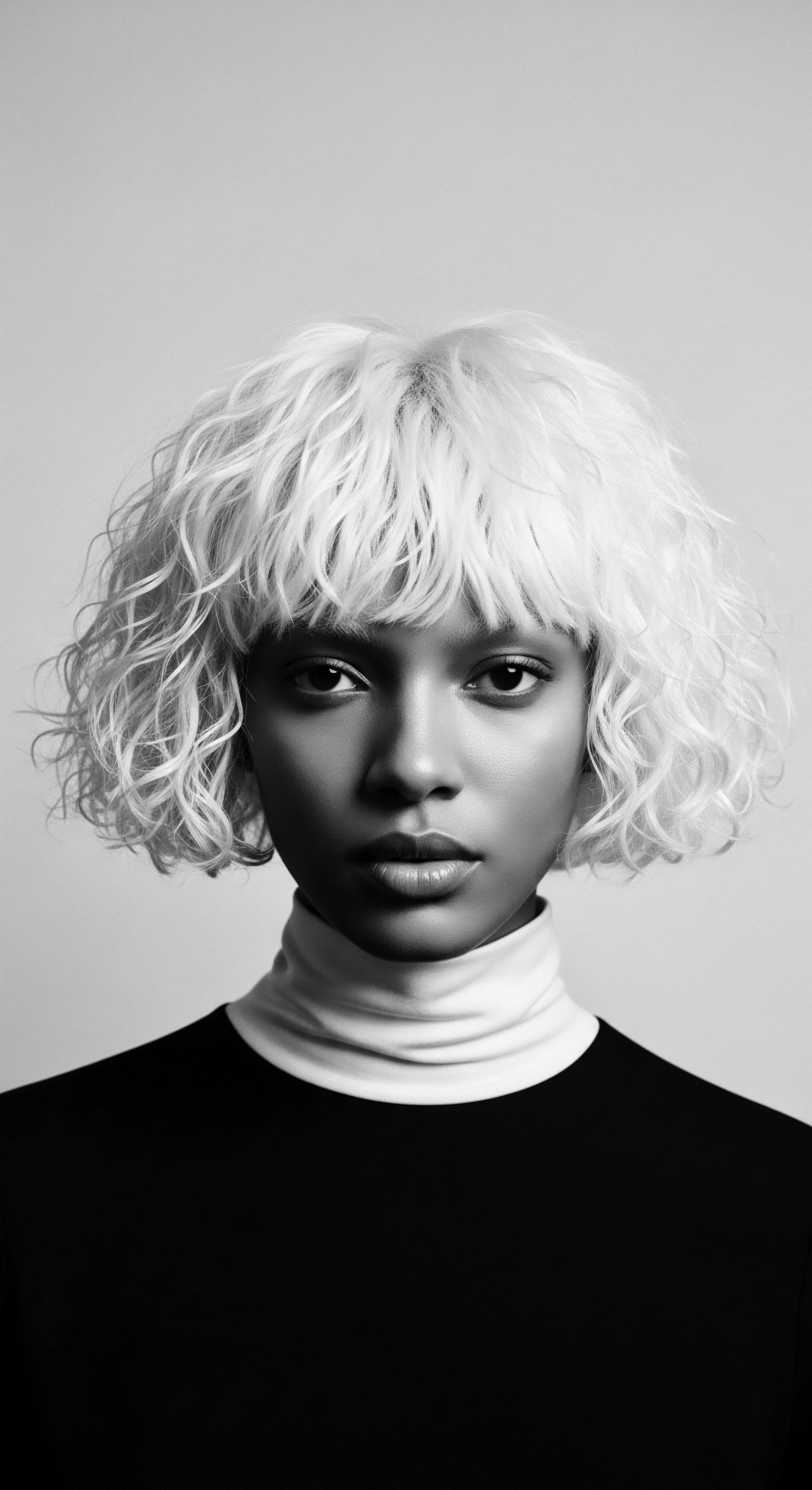 An exploration of light, shadow, and texture through this study in monochrome reveals a striking contrast. Her platinum blonde coils frame a face, juxtaposed with the sleek, dark turtleneck, inviting contemplation of beauty standards, identity and textured hair.