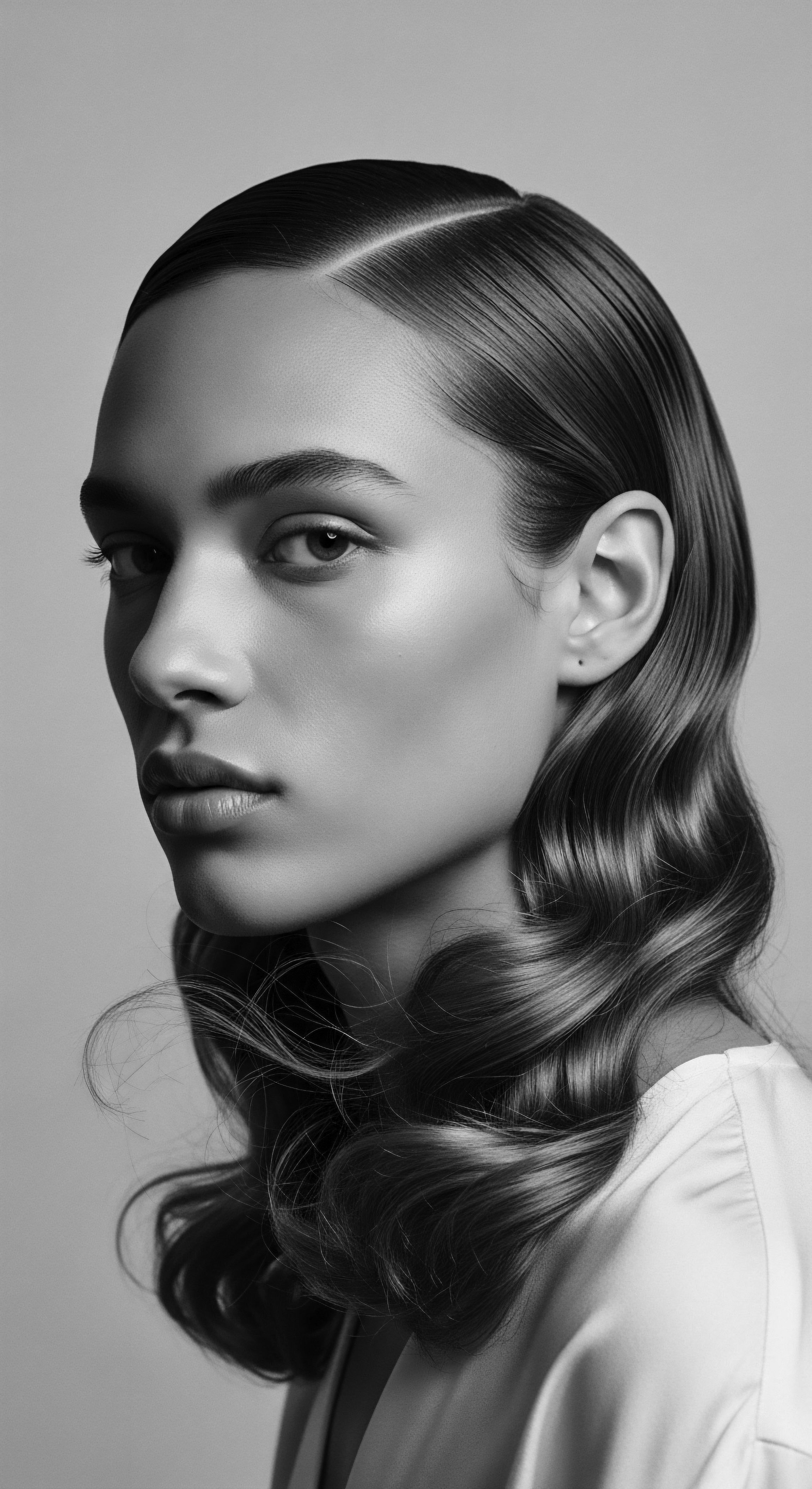 Monochromatic Portrait of a Woman with Sleek Waves and Undulating Texture This refined study in monochrome evokes classic Hollywood glamour, showcasing beautifully styled hair with cascading undulations and radiant shine. The contrasting light and shadow play accentuate the hair's texture, while celebrating heritage and stylistic artistry in a timeless and evocative manner.