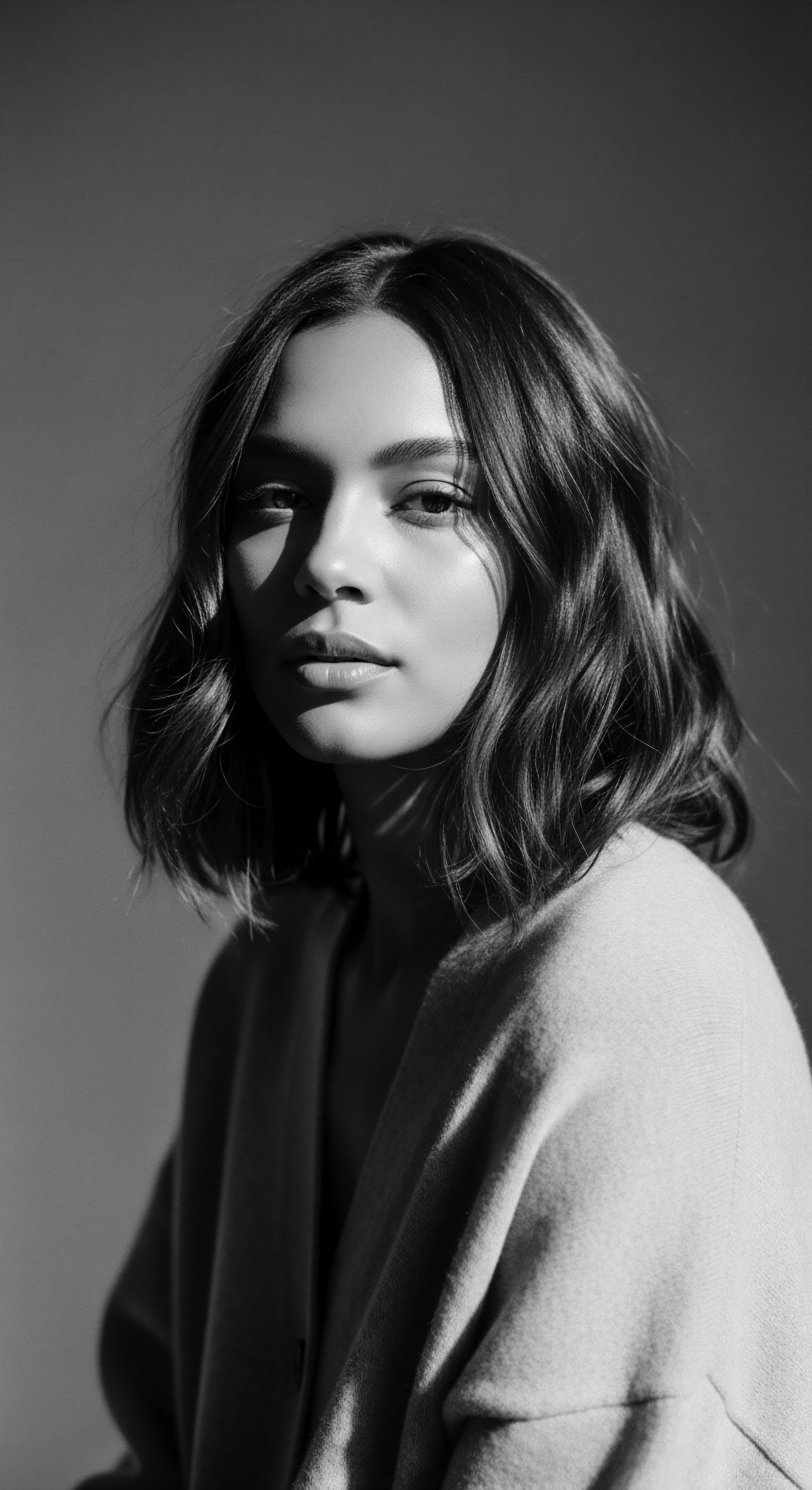 Captured in monochrome, the woman's wavy bob, bathed in light and shade, symbolizes the interplay between internal strength and outer expression. The waves gently cascade near the face, highlighting heritage in the textured formation, showcasing ancestral hair narratives with effortless naturalness.