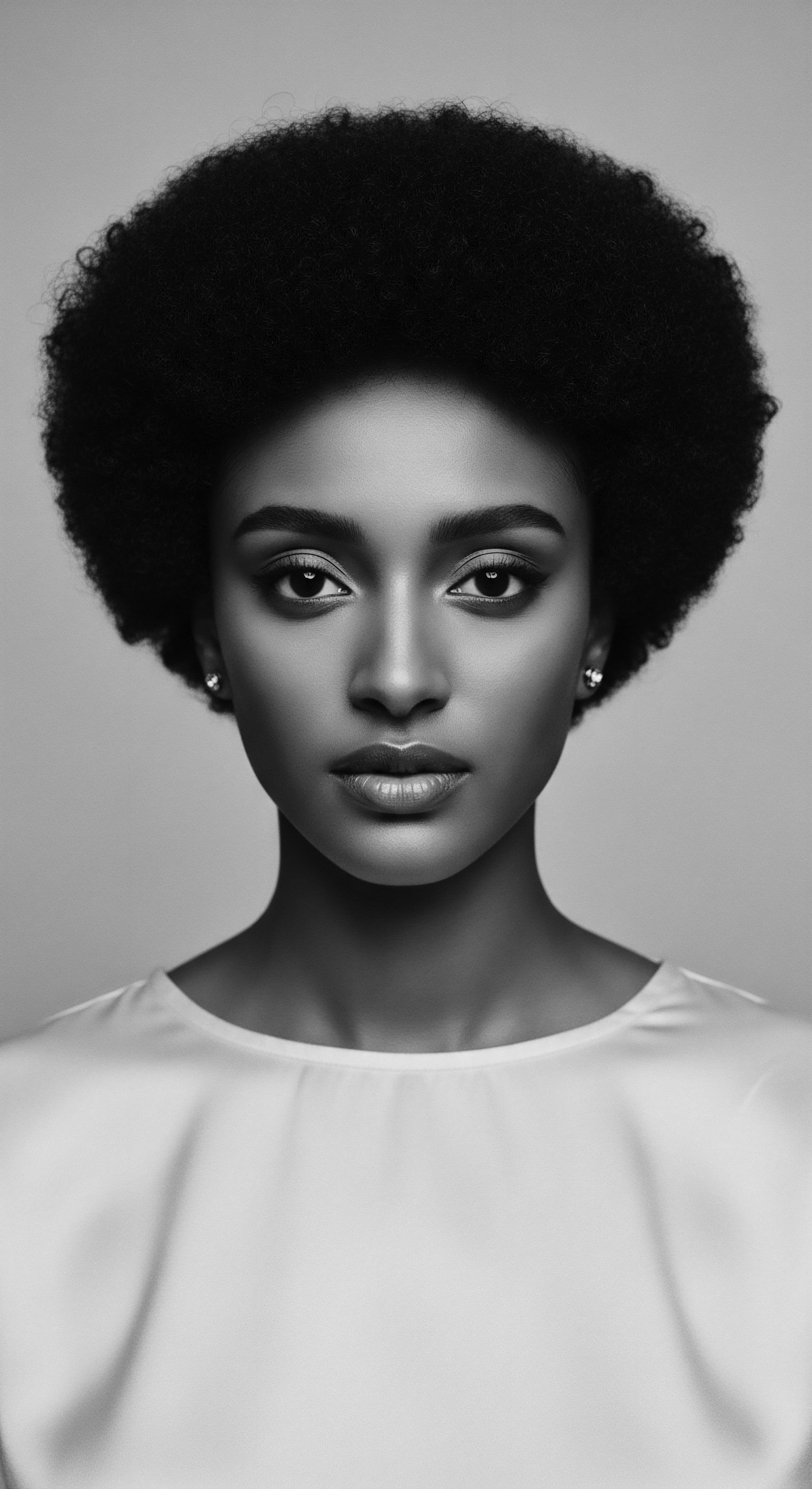 Monochromatic Portrait of a Young Woman with Natural Afro Hair Style This evocative black and white image captures the essence of natural hair expression, celebrates the cultural significance of Afro hair, and provides a glimpse into the journey of self-discovery, while showcasing the artful shaping of resilient strands into a statement of heritage and beauty.