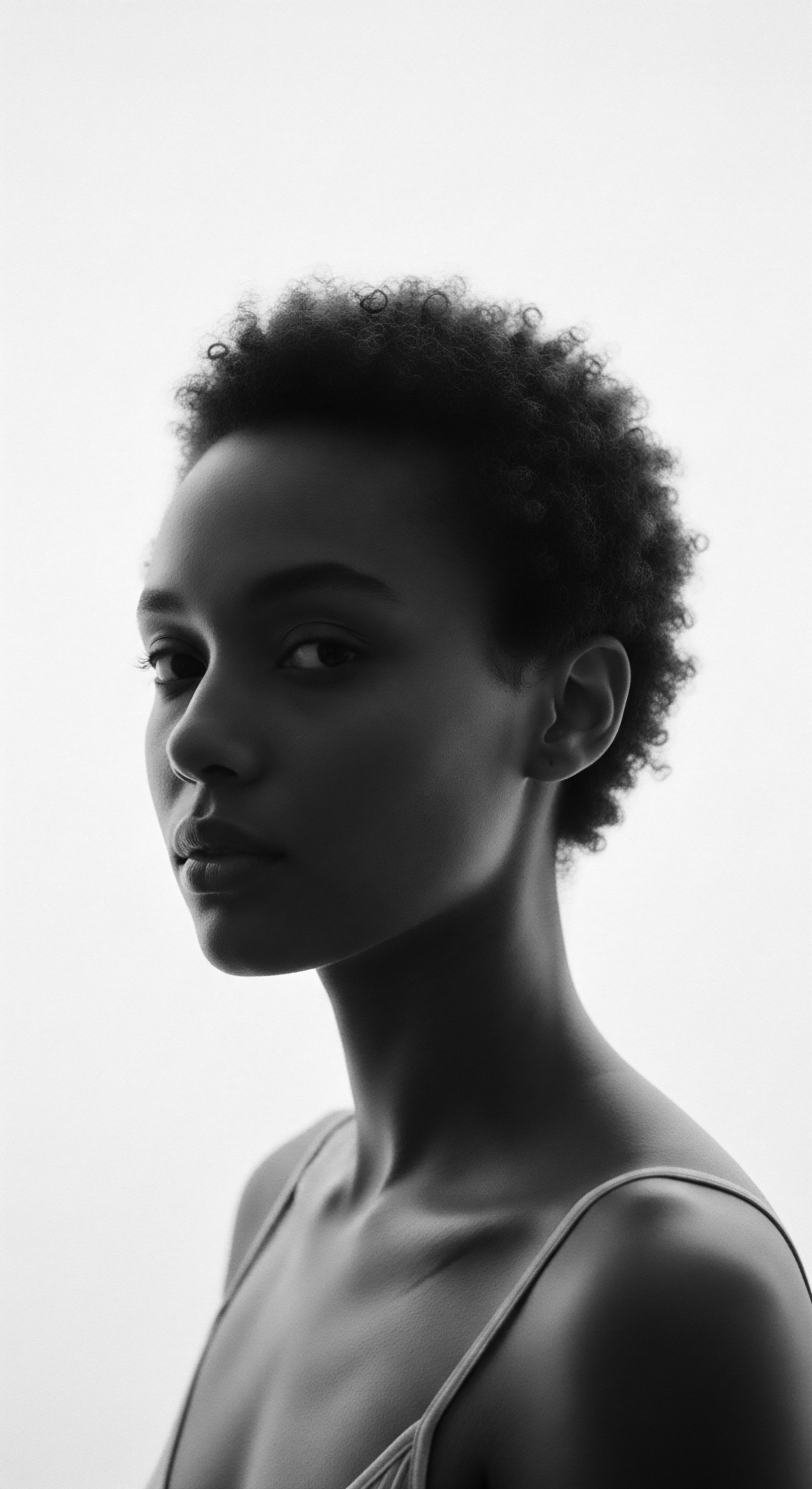 Monochromatic Portrait of a Young Woman with Short Coiled Hair This evocative portrait celebrates natural hair heritage through minimalist styling and stark contrasts, encouraging acceptance. Highlighting the beauty in the coiled pattern, the artistic choice seeks to resonate with themes of self-love and the embracing of naturally textured hair, integral to Black wellness.