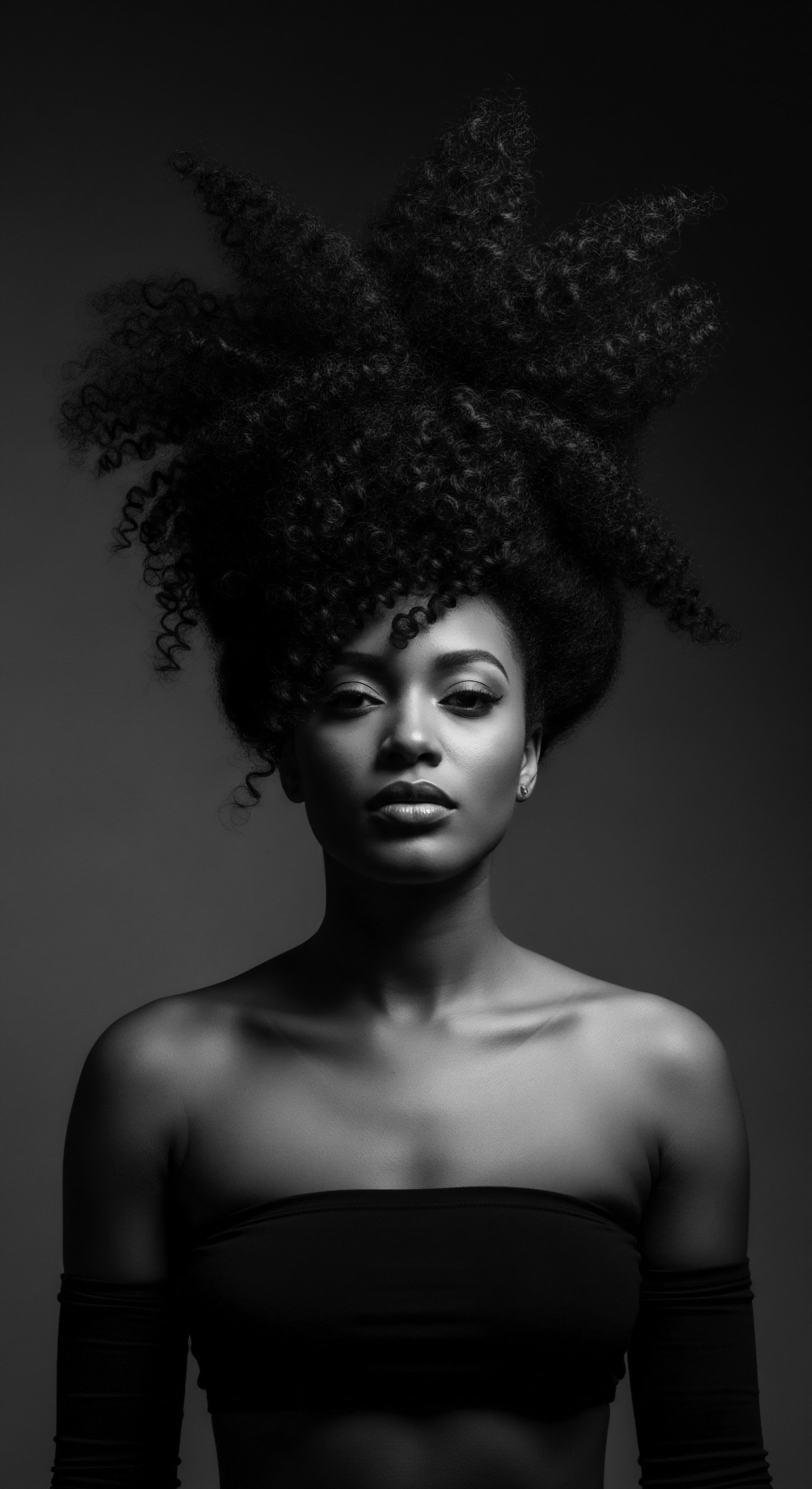 Monochromatic Portrait of African Descent Woman with Bold Natural Hair Style This monochromatic artwork captures the beauty of African diaspora identity through expressive coils of textured hair, a symbol of self-acceptance and cultural pride. Her gaze is self-assured, reflecting ancestral strength and resilience in the face of historical adversity, embodying holistic beauty.