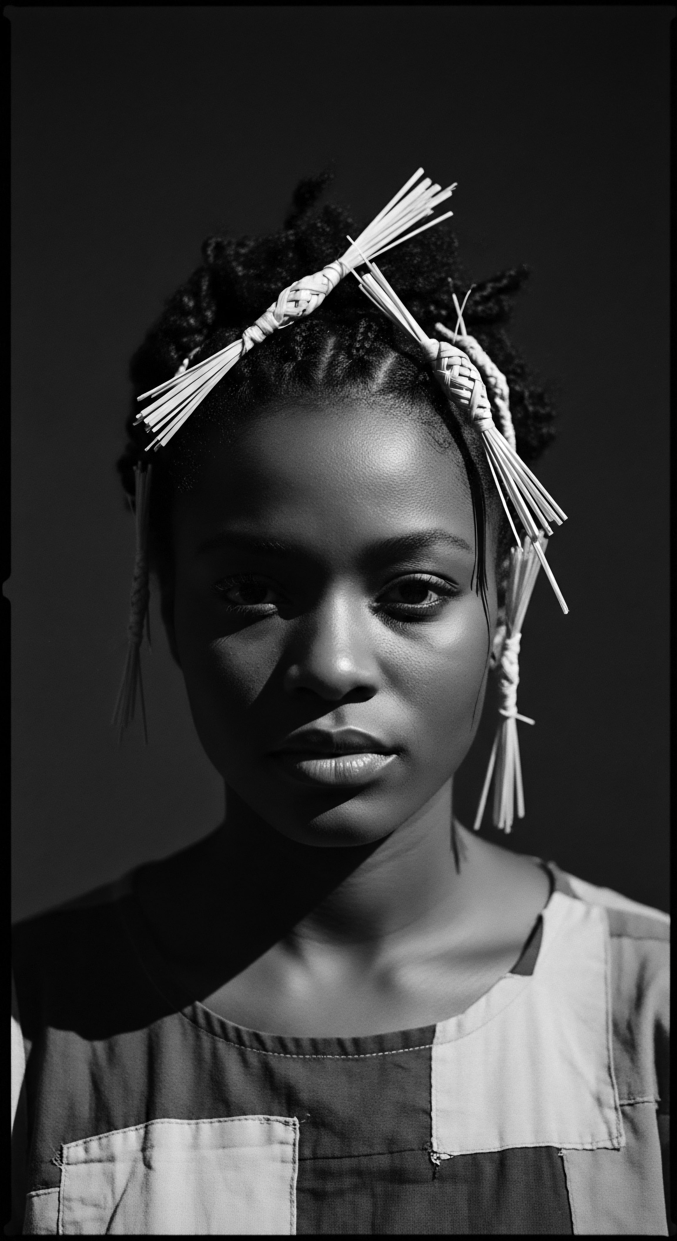 Monochromatic Portrait of African Woman Adorned with Woven Hair Accessory Bathed in chiaroscuro, her gaze conveys strength and grace, complemented by the textured elegance of her braided hairstyle. It speaks to enduring Black hair traditions, highlighting cultural expression, and the ancestral connection woven into the very fibers of her hair, reflecting holistic hair care practices.