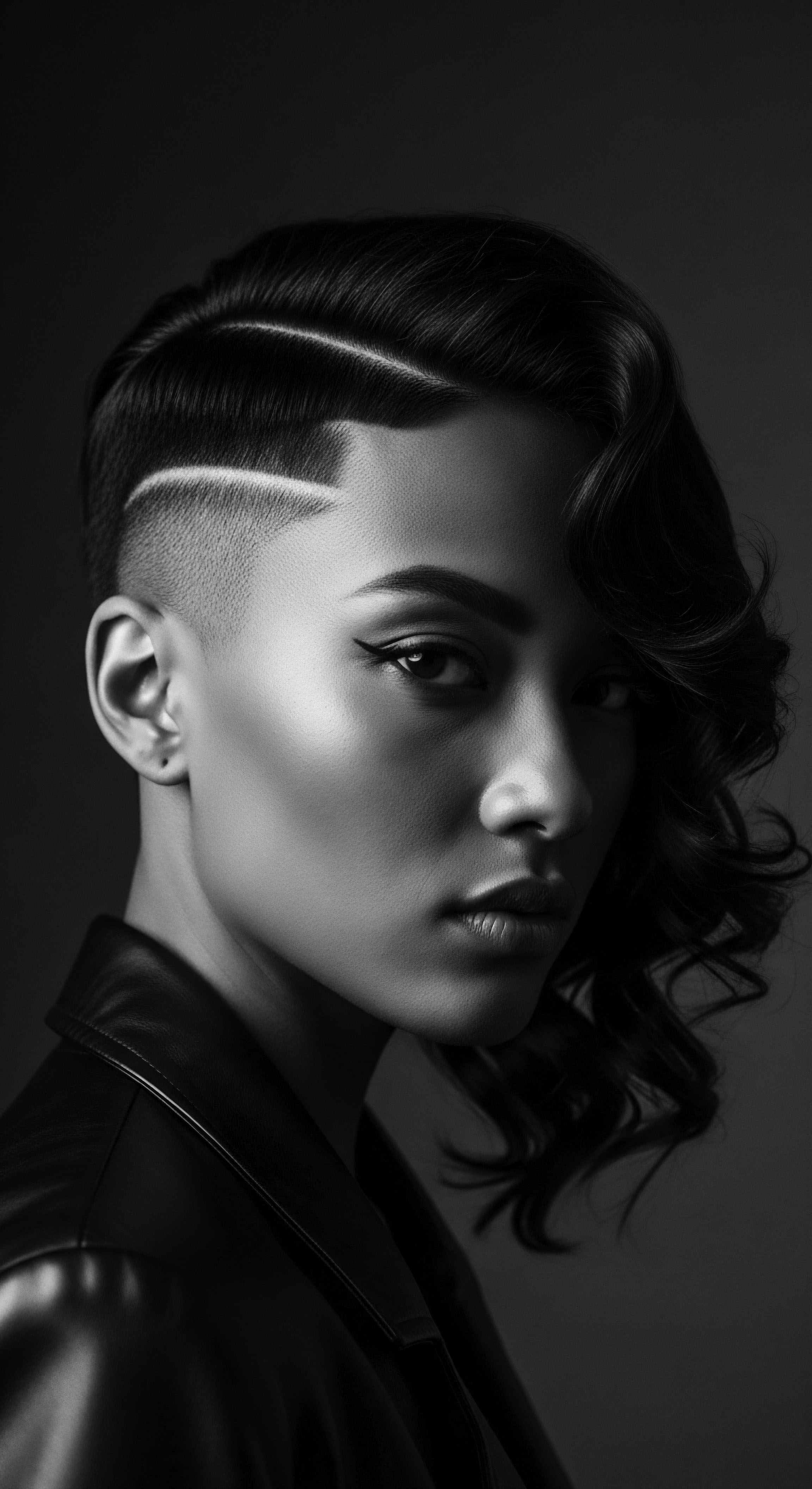 Monochromatic Portrait of an Asian Woman with Textured Hair and Undercut This evocative monochromatic image captures textured hair artfully styled, a symbol of boldness and self-expression. It highlights the blend of heritage, beauty innovation, and personal strength, inviting us to contemplate hair’s role in shaping identity narratives and cultural narratives.