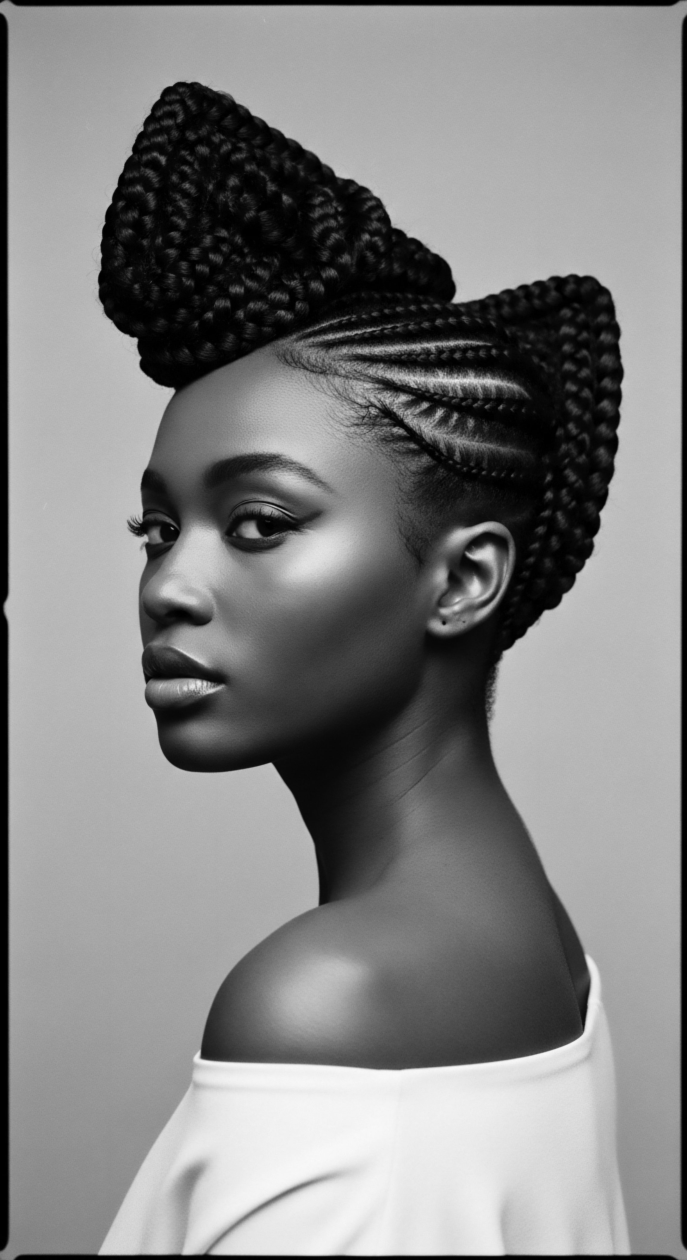 A black and white portrait showcases a woman with elaborate braided hair styled into a sculpted updo, featuring cornrows and textured extensions. Smooth skin reflects light, emphasizing facial contours, dramatic eye makeup, and glossy lips. The off-the-shoulder top frames a classic beauty aesthetic rooted in Black hair traditions.