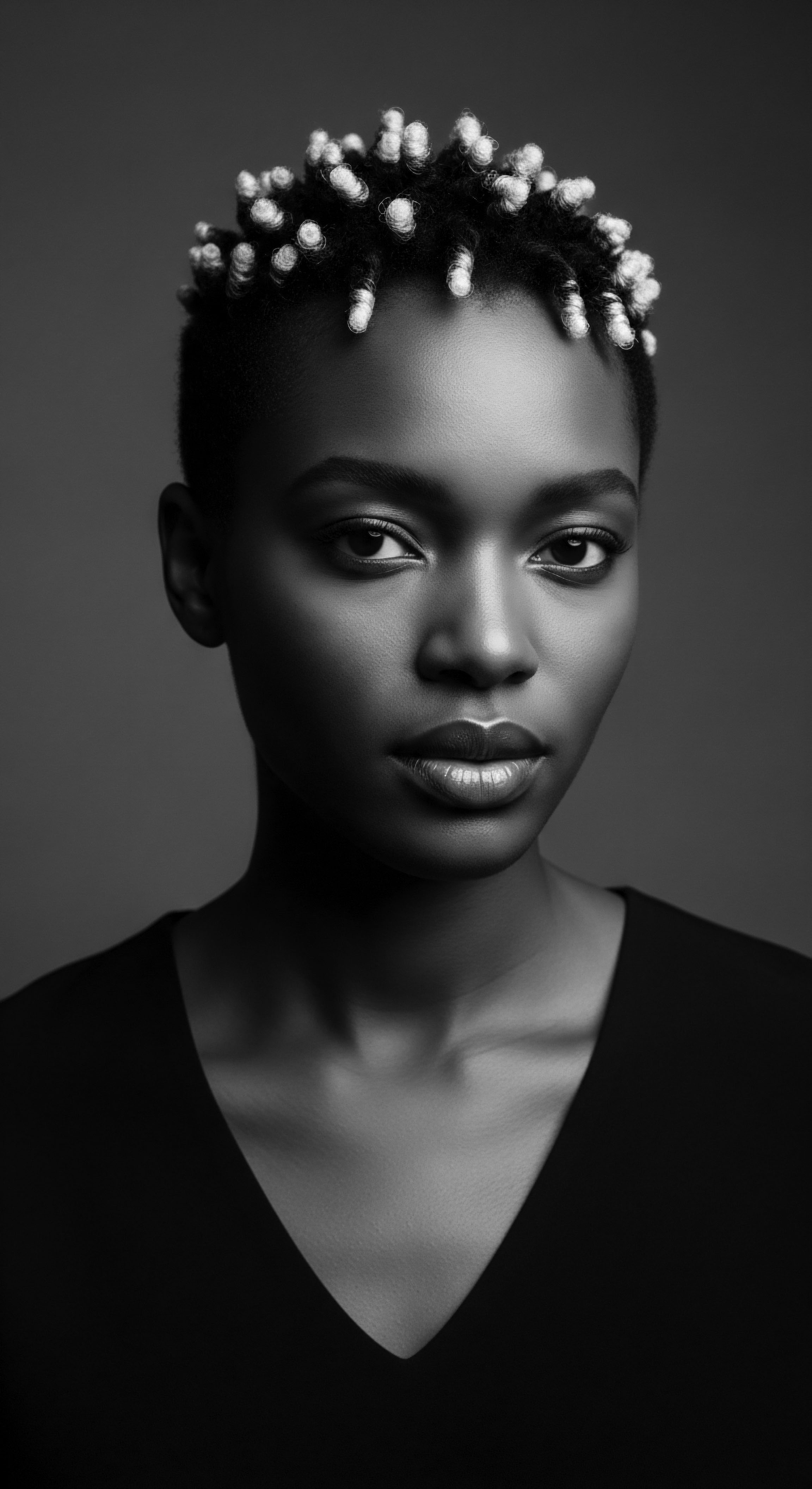 Monochromatic Portrait of Black Woman with Elegant Protective Hairstyle The monochrome portrait of this Black woman explores identity and expression through her intentional hairstyle. Short coils embellished for visual appeal and cultural significance, tell a nuanced story of heritage, pride, and protective styling choices, framed by minimalist fashion highlighting inherent grace.