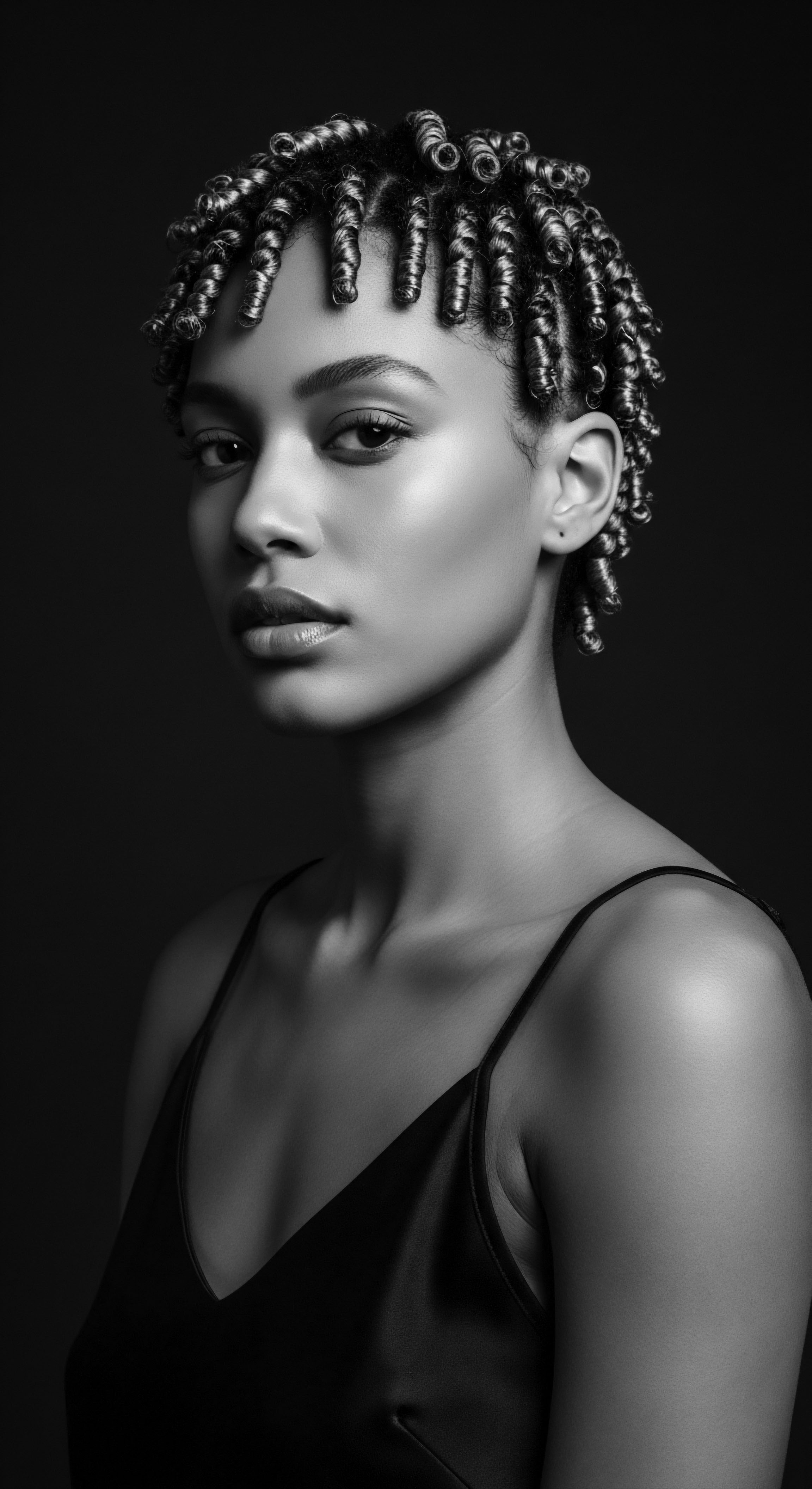 Monochromatic Portrait of Elegant Woman Showcasing Coiled Textured Hair Design In this monochromatic exploration, the sitter’s coiled textured style, created with a rod set, evokes elegance and a celebration of natural Black hair traditions strategic lighting emphasizes the hair's shape and form, promoting holistic hair care principles and self-expression through personal styling.