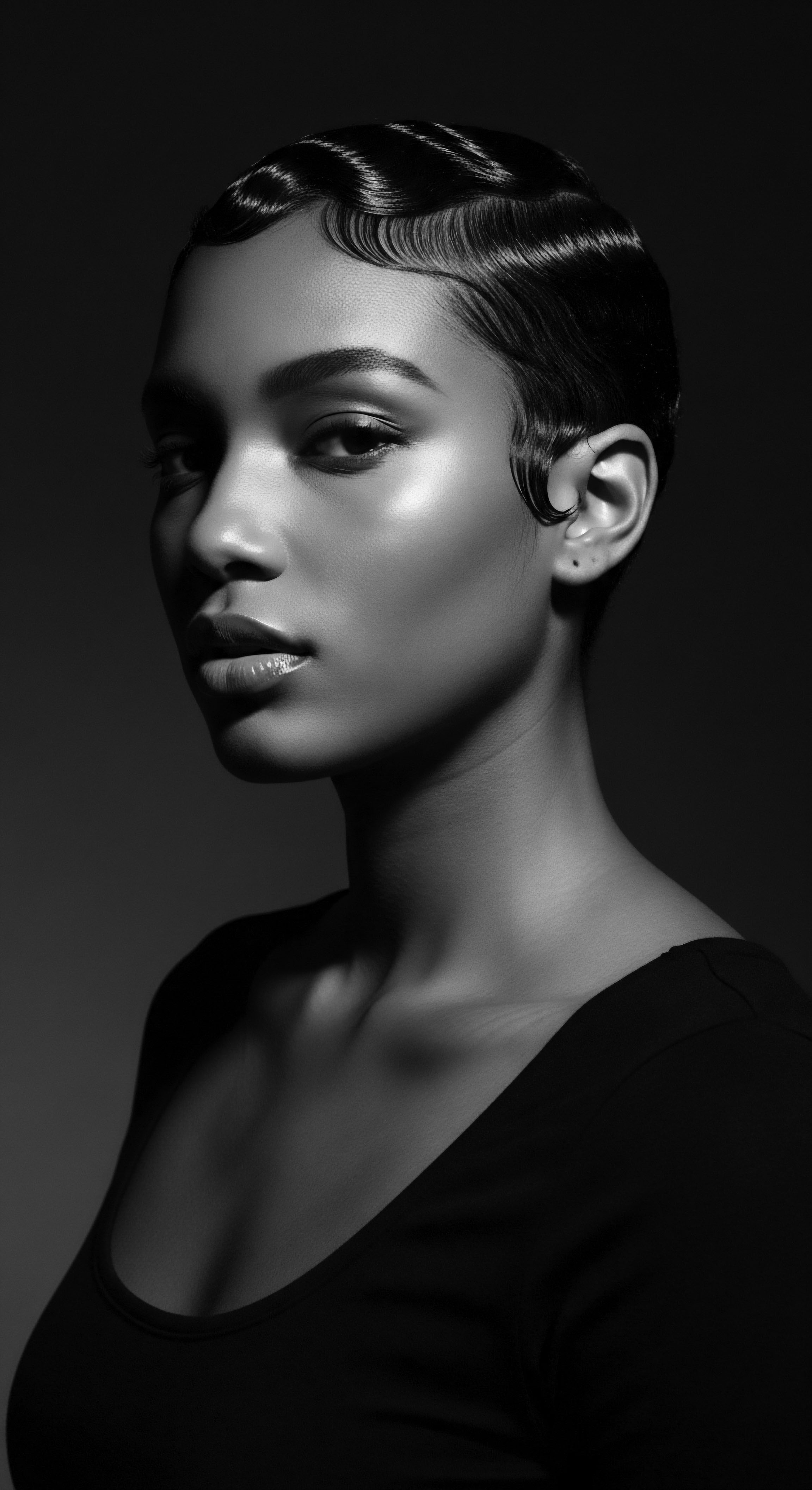 The portrait's monochromatic aesthetic, detailed lighting, and meticulously styled finger waves offer more than just an image it's a visual exploration of historical hairstyling traditions within black culture, representing heritage through the artful shaping of textured hair formations with elegant and timeless refinement.