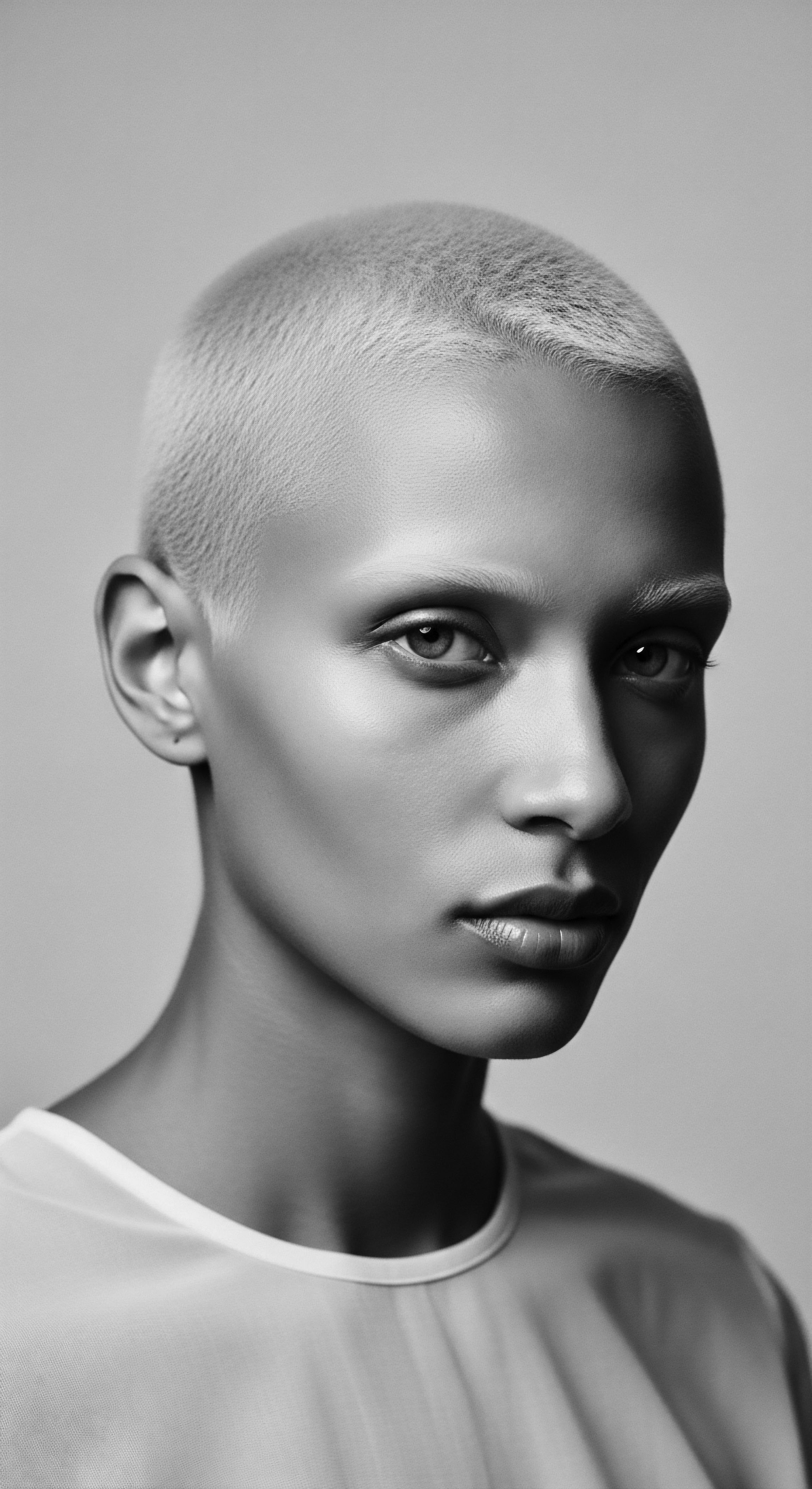 The portrait encapsulates minimalist beauty with its platinum buzz cut style, celebrating unconventional and authentic representation within hairstyling—emphasizing how simple, short cuts can communicate volumes about heritage, expression, and identity while presenting versatile options for textured hair.