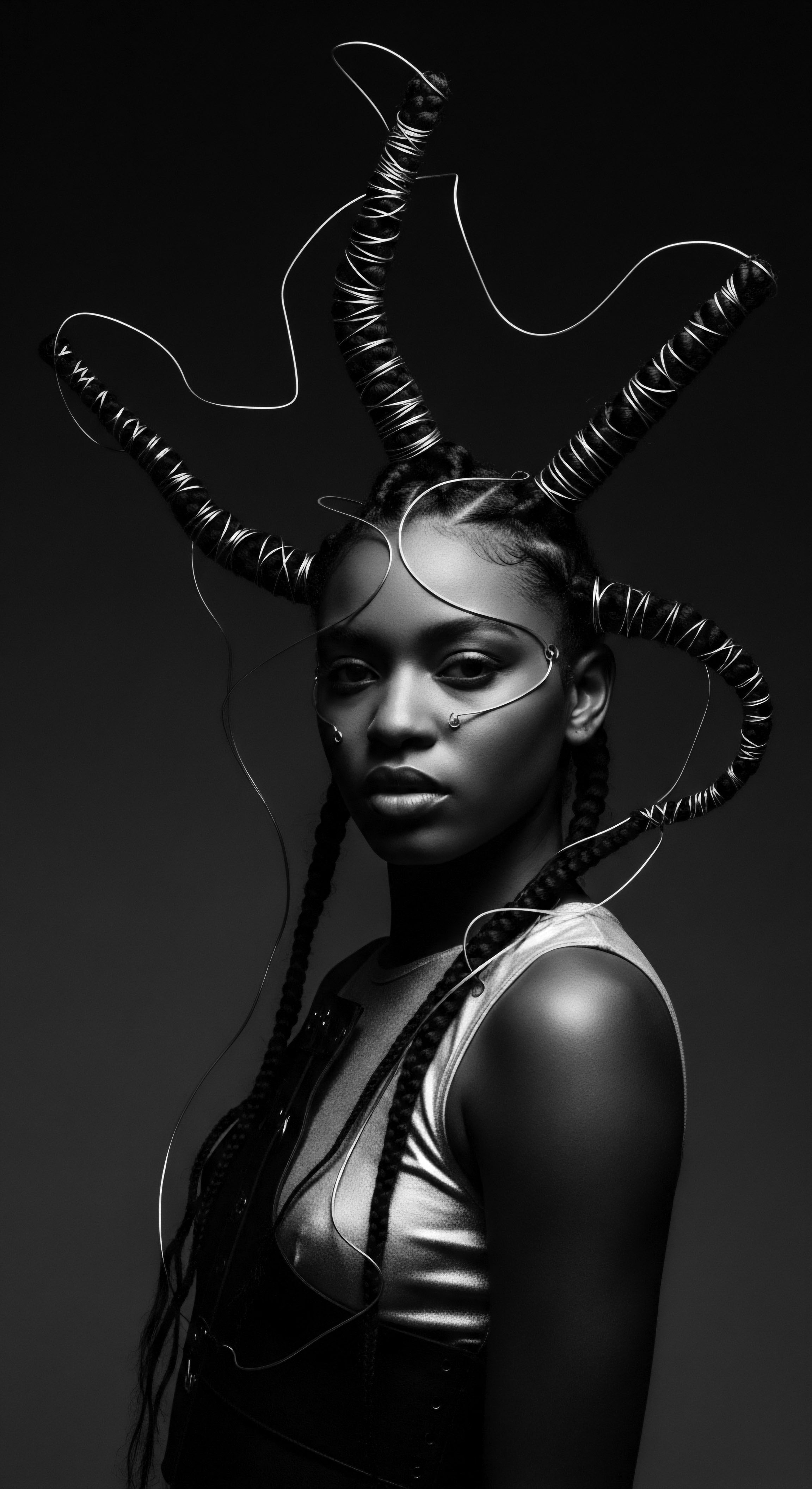 Monochromatic Portrait of Woman Featuring Braided Hairstyles and Futuristic Headpiece The monochromatic study showcases the beauty of braided hair elevated by silver artistry, emphasizing a harmonious convergence of heritage and innovative styling. This evokes a profound connection to ancestral hair traditions, interpreted through a lens of contemporary self-expression.