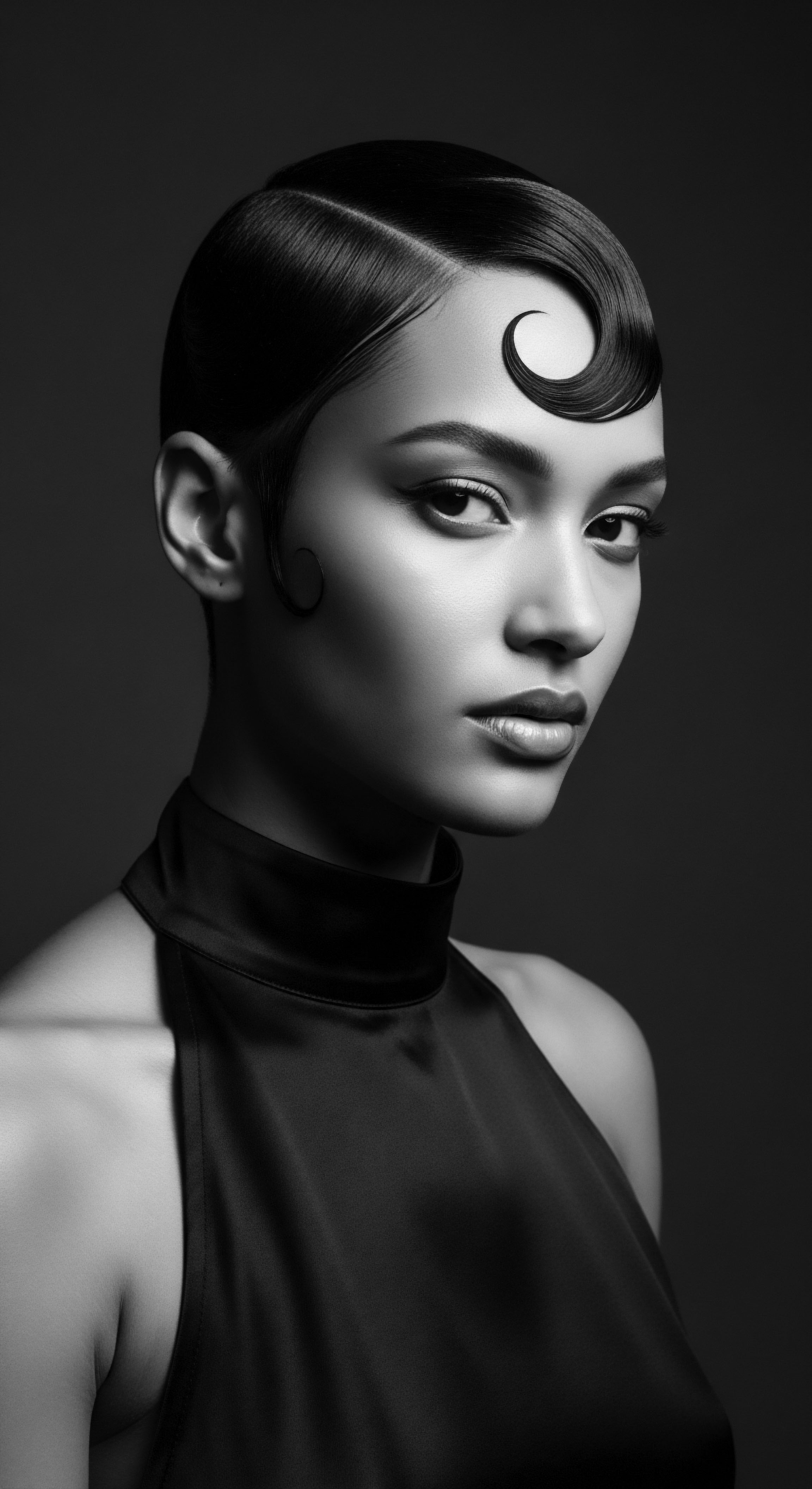 Monochromatic Portrait of Woman Featuring Elegant Finger Waves and Sculpted Texture The monochromatic composition accentuates the rich texture and sculptural quality of her hair, an expressive statement of heritage and refined beauty. Light dances across the contours of her sculpted finger waves, symbolizing an individual's embrace of both ancestral roots and contemporary style, echoing historical beauty paradigms.