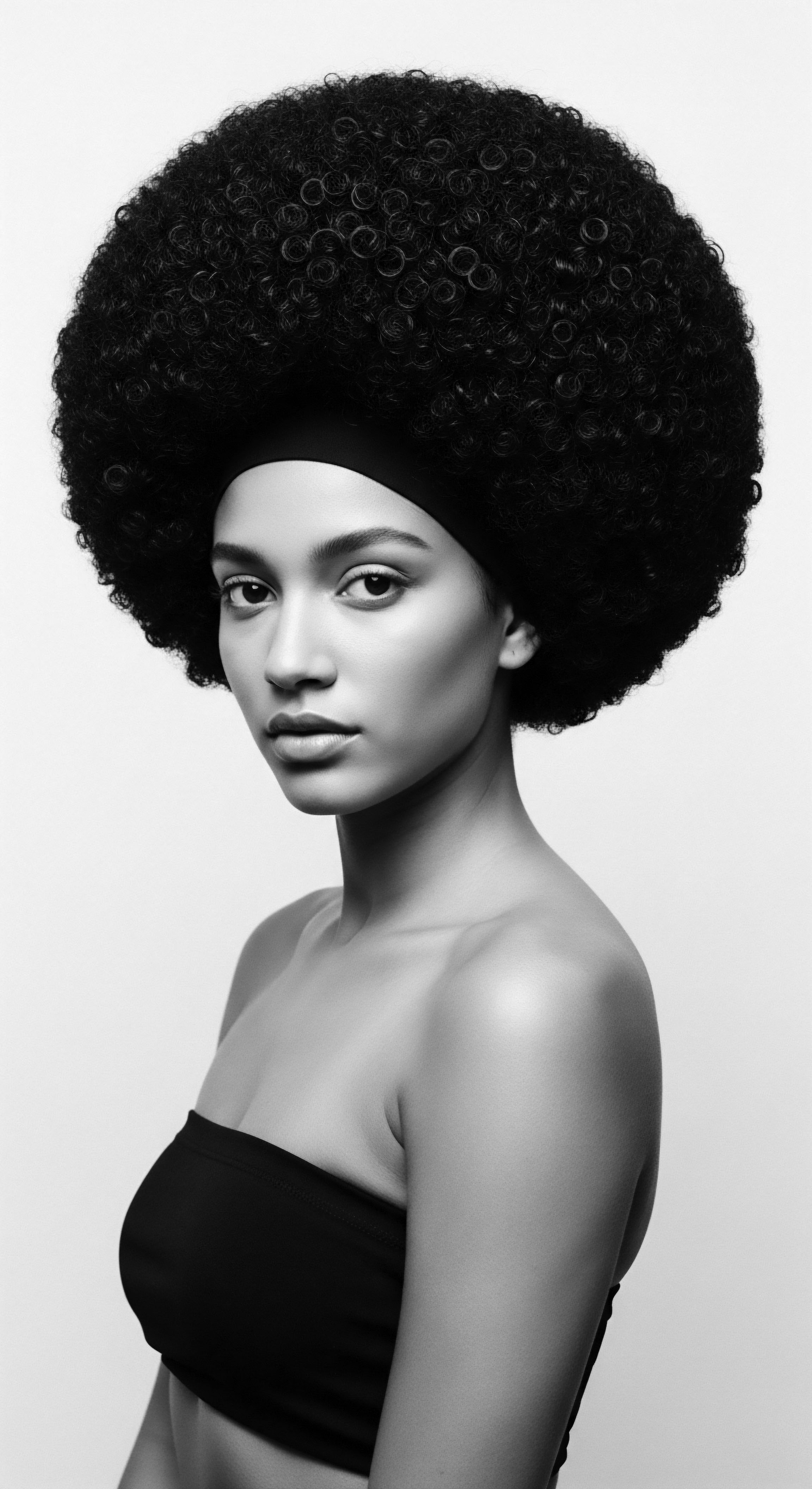 A striking black and white portrait features a woman with a large, rounded afro displaying a dense coil hair texture, accentuated by a smooth black headband. Her bare shoulders and chest contrast with the dark hair. The play of light enhances the textures. Highlighting natural hair beauty and strong heritage.