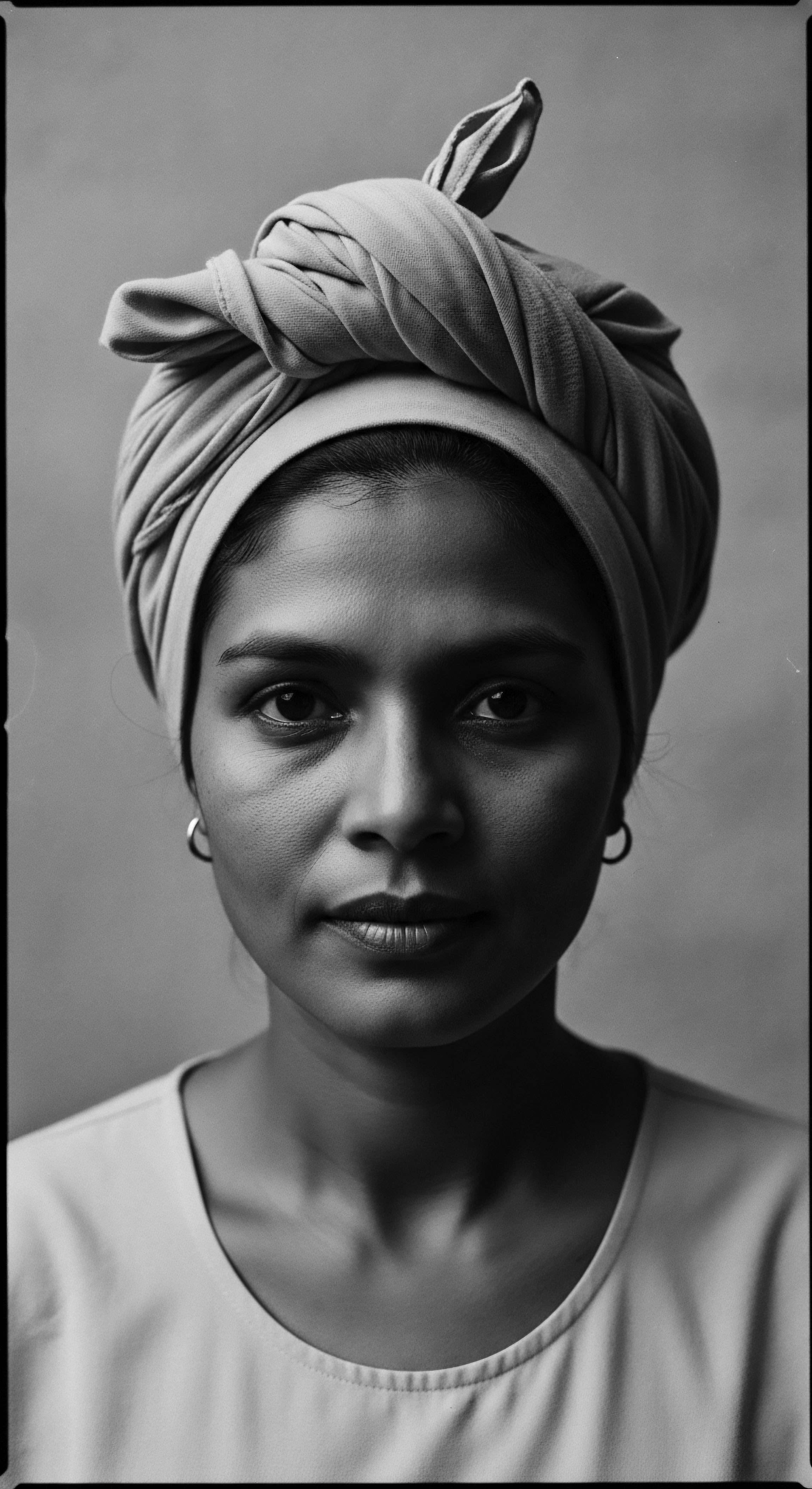 Monochromatic Portrait of Woman with Head Wrap Rich Texture and Heritage The black and white treatment emphasizes textures of skin and fabric, creating depth the simple earrings accent subtle features, inviting contemplation about beauty, identity, and cultural connection the confident expression offers a story of self awareness and cultural continuity in her thoughtful gaze.